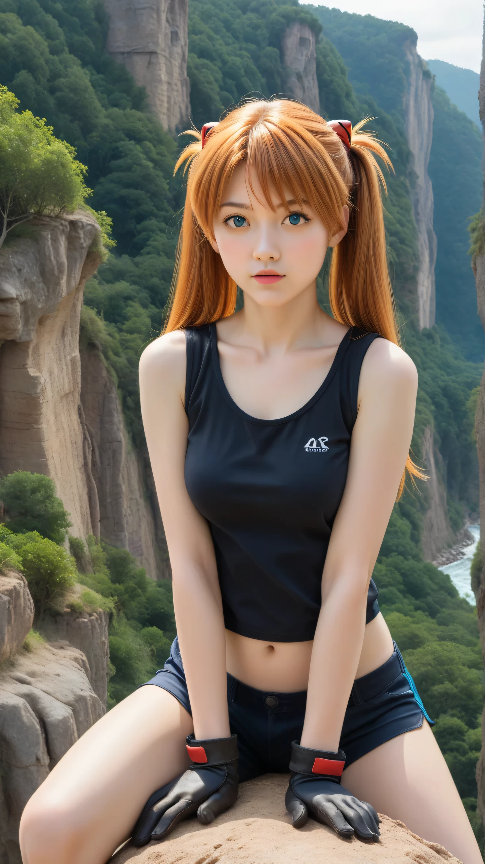 Masterpiece, best quality, 8k, ultra high resolution, photorealistic, cinematic composition.1girl, solo,asuka langley,blue eyes,orange hair,outdoors,potrait,forest,medium breast, navel,(cliff background:1.4),beach below the cliff,(Bangs:1.3),(black tanktop:1.5),parted bangs,close up,sitting on Boulder,long hair,twintails,black glove,stand still