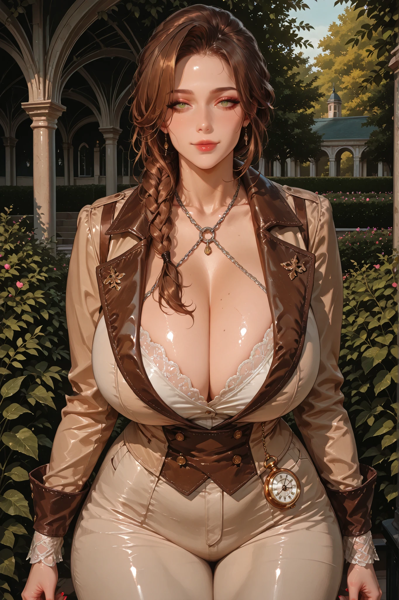 score_9, score_8_up, score_7_up, score_6_up, score_5_up, score_4_up, Label 1, Label2, quality_masterpiece, Anatomically correct, beautiful face, perfect face, Beautiful and highly detailed face, sexy milf Attractive face , Milf Detailed Face, MILf Delicate Facial Features, detailed ,Very detailed & Beautiful and dazzling eyes, huge breasts, wide hips, big butt, thick thighs, mature female, ( colors CMYK ), (ultrahd, 8K), (intricate details), (Absurds), (Very detailed), brown hair, big breasts, cleavage, dress pants, brown jacket, 40 years old, garden background, Victorian era, double breasted jacket, dress shirt, pocket watch, silver chain, red nails, wide hips, thick thighs, braid, green eyes,