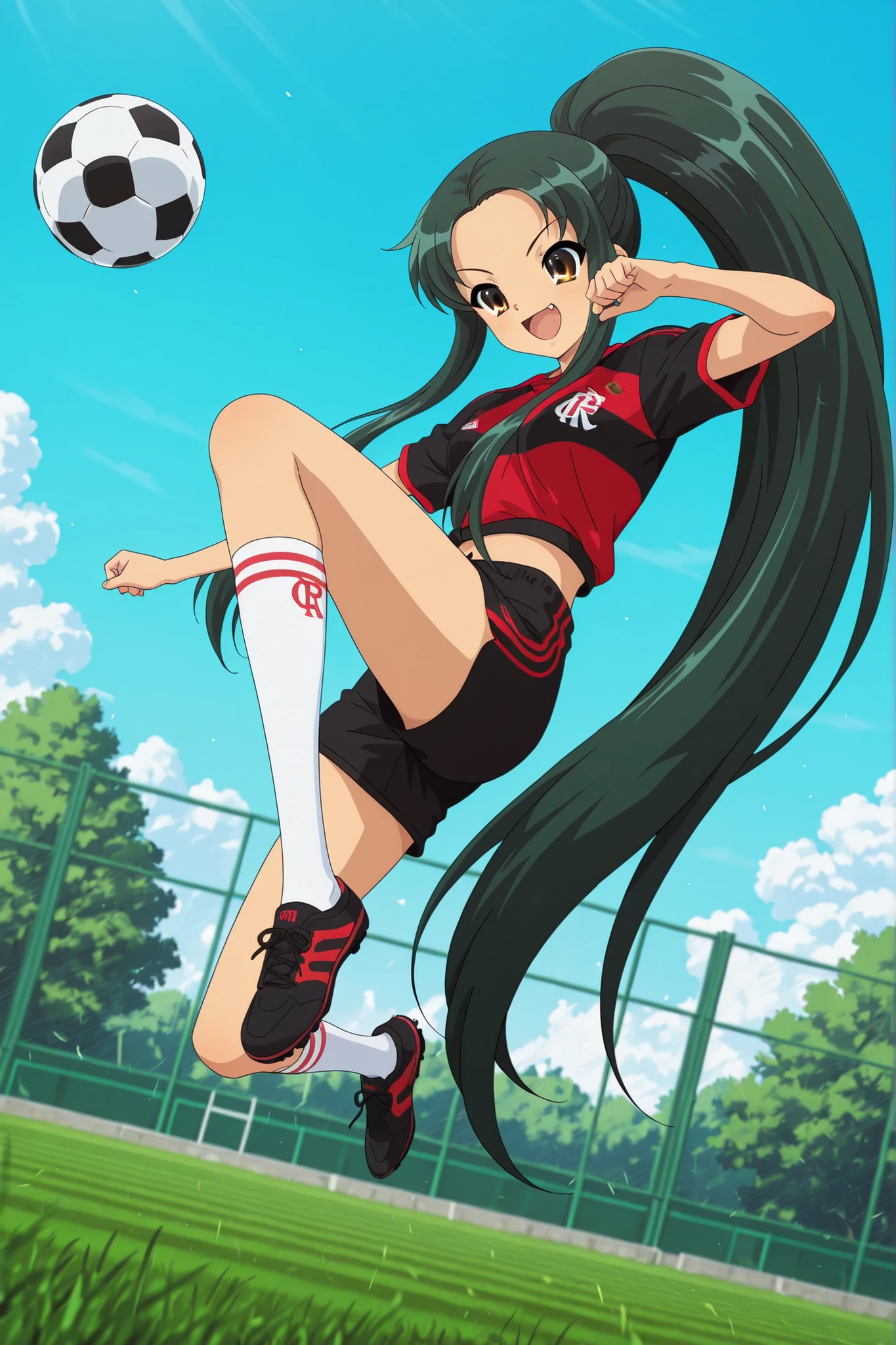 8K,HDR,best quality, high quality,amazing quality,highly detailed,ultra detailed,high resolution, absurdres, newest,(anime screencap:1),(anime coloring:1),(anime style:1),perfect eyes,detail1eye,well-defined fingers,(perfect :1), (perfect fingers,5 fingers:1),dynamic angle,full body,
BREAK
1girl,solo,"tsuruya \ (suzumiya_haruhi_no_yuuutsu \)",tsuruya_il,green hair, brown eyes, very long hair, ponytail,parted bangs,
fang,
crf, soccer uniform, sports shorts, black shorts,white socks, black soccer shoes,
BREAK
happy,joyful,looking down,soccer, kicking,football in midair, sideways, dynamic pose, confident, midriff,soccer ball,
BREAK
outdoors,Undoukouen,
fence, chain-link fence, day, soccer field, motion blur on background