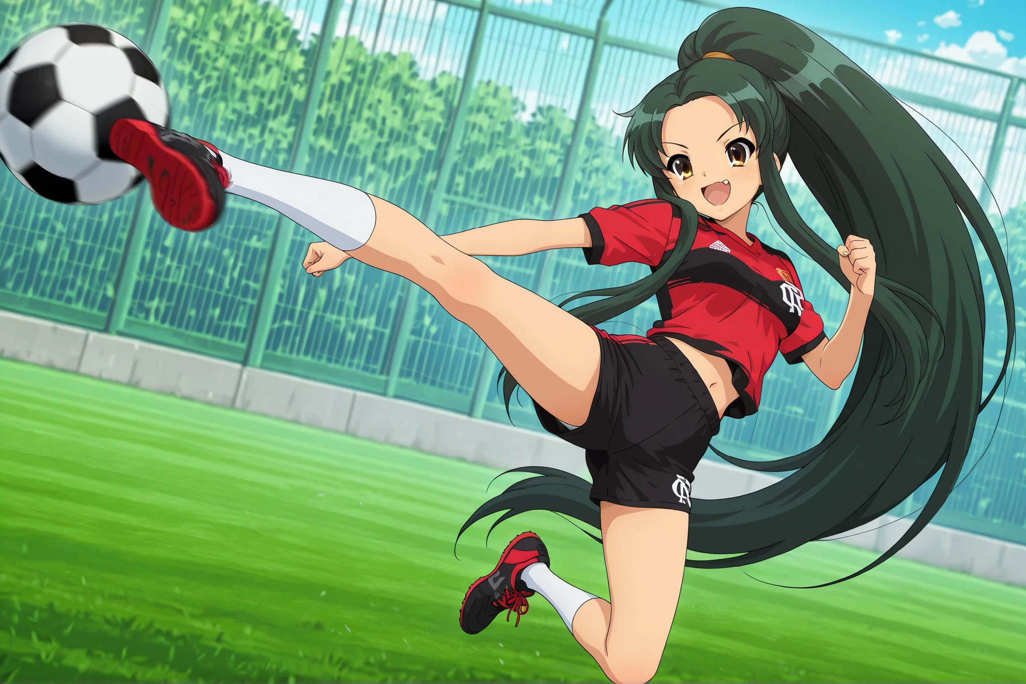 8K,HDR,best quality, high quality,amazing quality,highly detailed,ultra detailed,high resolution, absurdres, newest,(anime screencap:1),(anime coloring:1),(anime style:1),perfect eyes,detail1eye,well-defined fingers,(perfect :1), (perfect fingers,5 fingers:1),dynamic angle,full body,
BREAK
1girl,solo,"tsuruya \ (suzumiya_haruhi_no_yuuutsu \)",tsuruya_il,green hair, brown eyes, very long hair, ponytail,parted bangs,
fang,
crf, soccer uniform, sports shorts, black shorts,white socks, black soccer shoes,
BREAK
happy,joyful,looking down,soccer, kicking,football in midair, sideways, dynamic pose, confident, midriff,soccer ball,
BREAK
outdoors,Undoukouen,
fence, chain-link fence, day, soccer field, motion blur on background