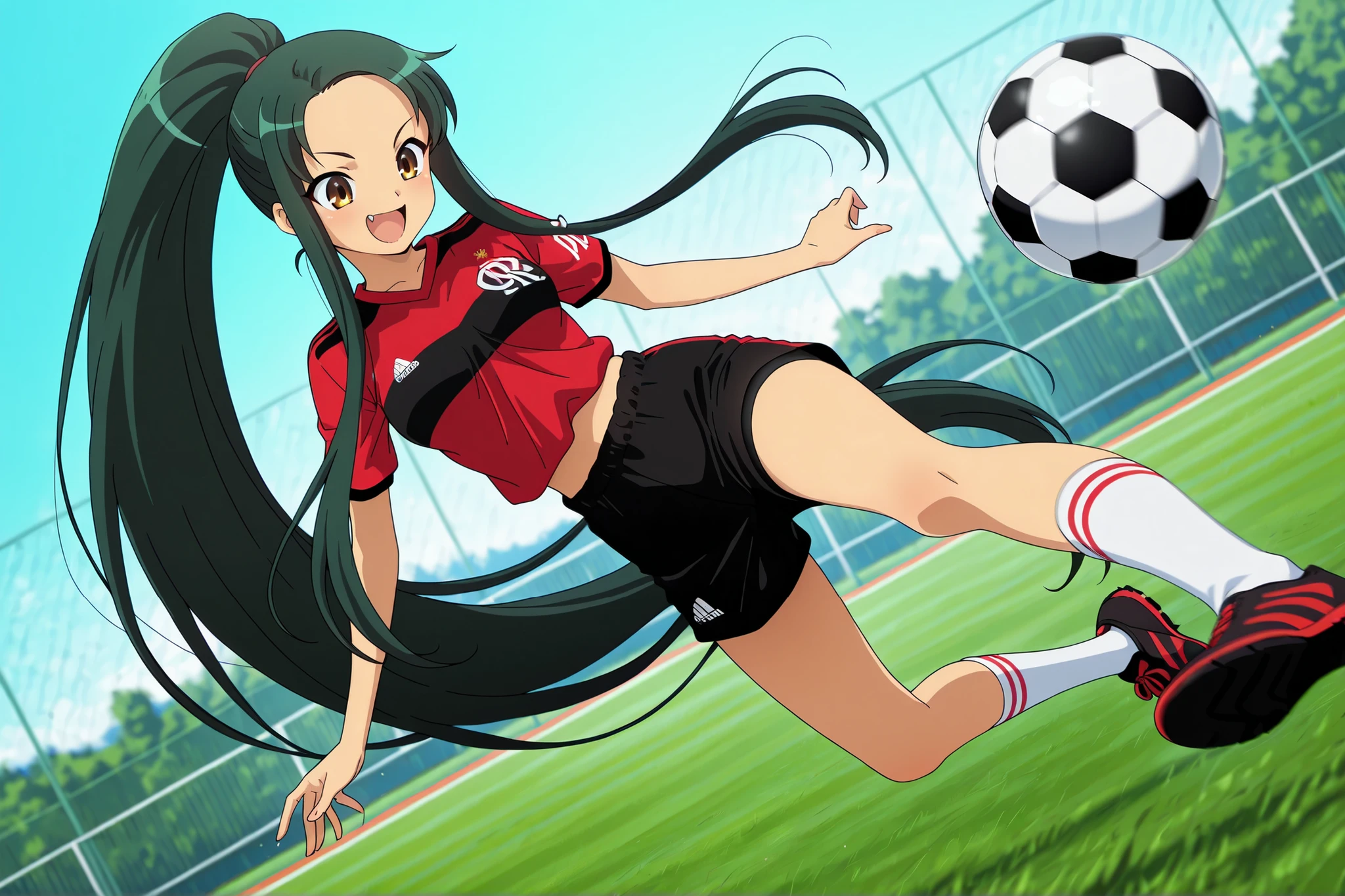 8K,HDR,best quality, high quality,amazing quality,highly detailed,ultra detailed,high resolution, absurdres, newest,(anime screencap:1),(anime coloring:1),(anime style:1),perfect eyes,detail1eye,well-defined fingers,(perfect :1), (perfect fingers,5 fingers:1),dynamic angle,
BREAK
1girl,solo,"tsuruya \ (suzumiya_haruhi_no_yuuutsu \)",tsuruya_il,green hair, brown eyes, very long hair, ponytail,parted bangs,
fang,
crf, soccer uniform, sports shorts, black shorts,white socks, black soccer shoes,
BREAK
happy,joyful,looking down,soccer, kicking,football in midair, full body, sideways, dynamic pose, confident, midriff,soccer ball,
BREAK
outdoors,Undoukouen,
fence, chain-link fence, day, soccer field, blurry, blurry background