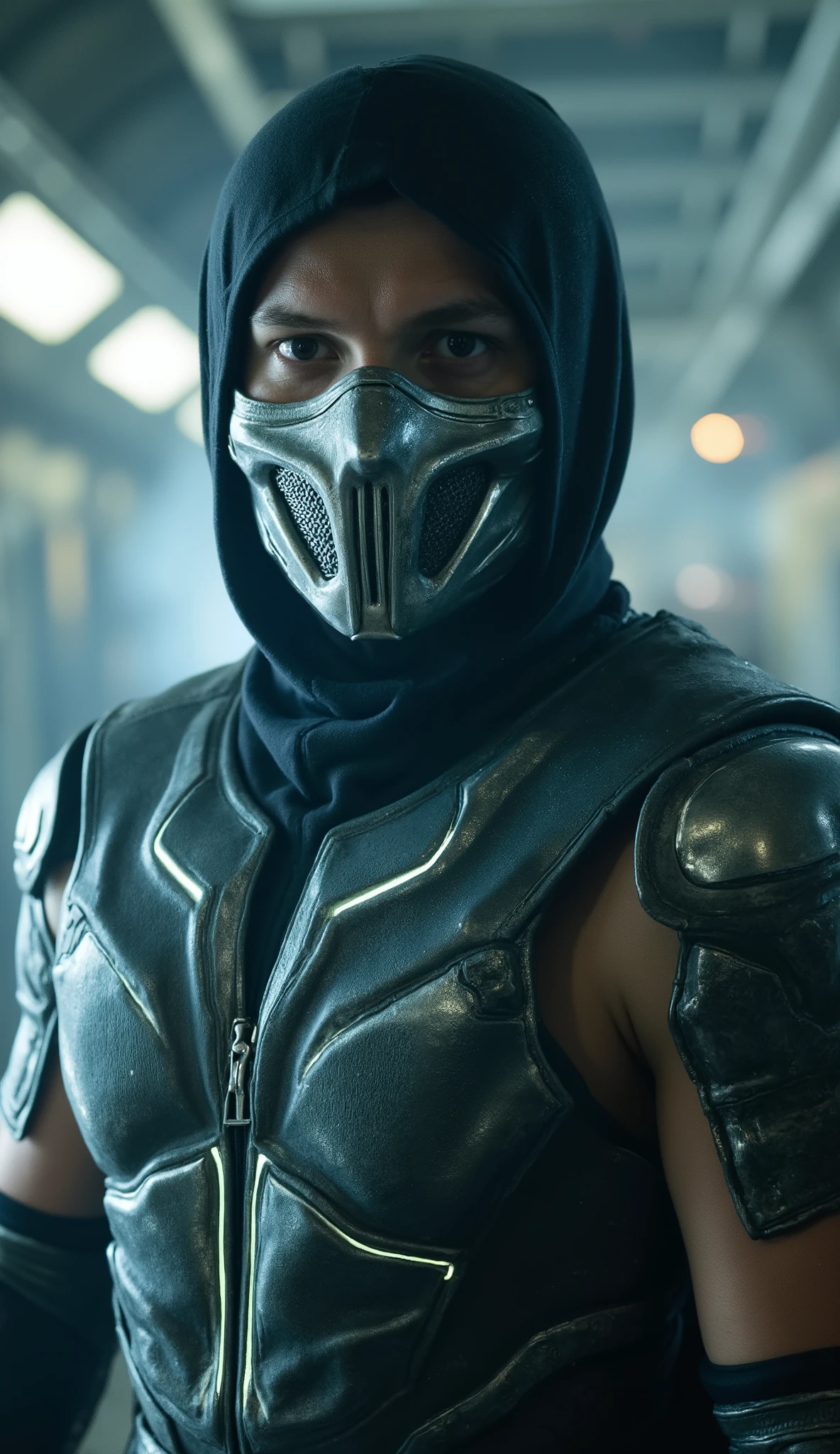 Close-up portrait of Tom Holland como Smoke, de mortal kombat gray armor with faint white neon threads.
Mask: polished silver mask closed over the mouth, vents emitting soft smoke.
Background: futuristic corridor, heavy mist, glowing lights in distance.
Lighting: cold, metallic tone with sharp highlights.