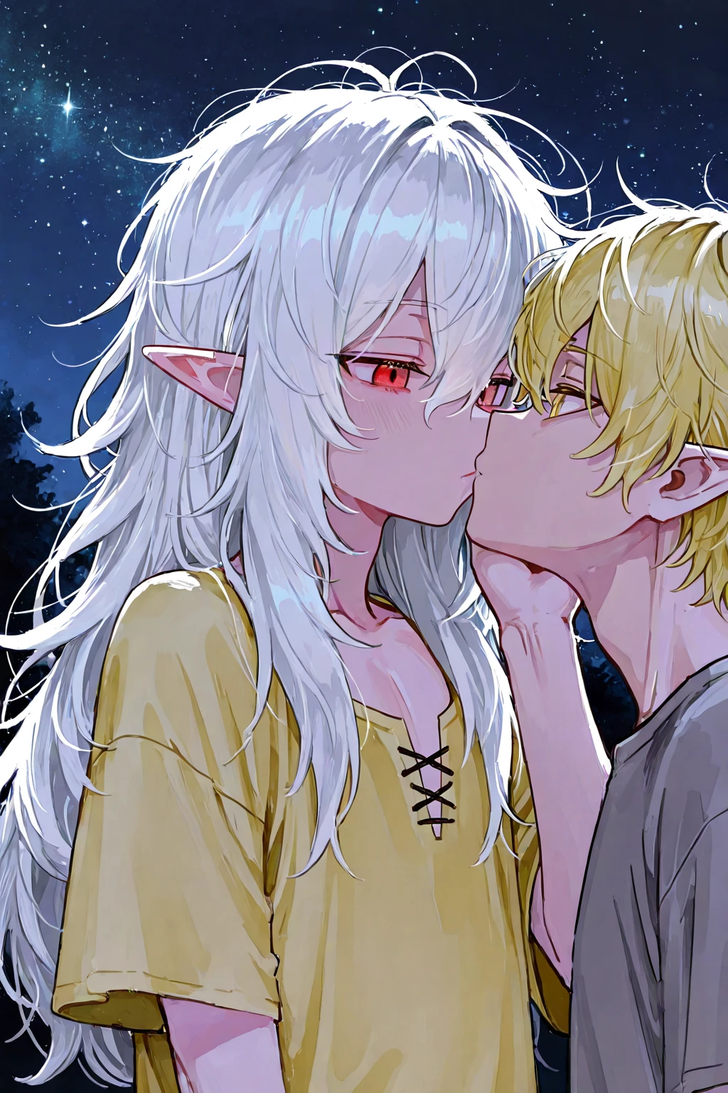A beautiful girl and a handsome boy(their a couple),the girl has: short white hair,pointy elf ears,and violet eyes,the boy has messy Orange hair,and ash brown eyes, they're both wearing stylish modern clothes.