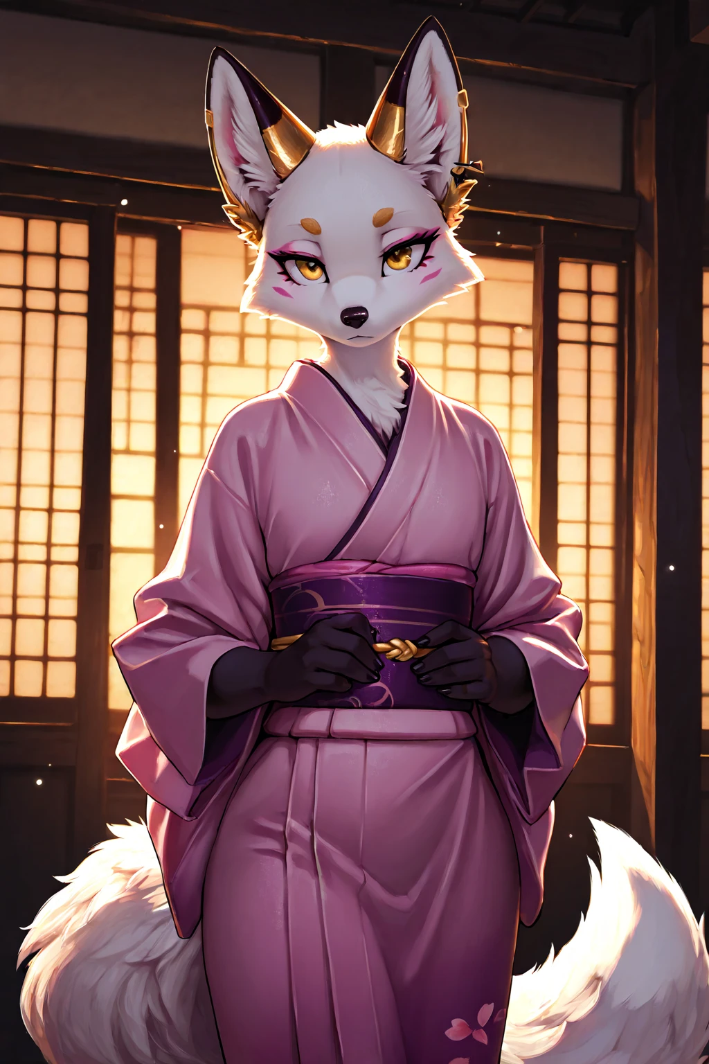Skye from Paw Patrol series, as a white kitsune fox, mature adult, mommy, , big , kimono, short fluffy orange hair, magenta eyes, standing, inside a dojo, detailed, solo, beautiful, high quality, 4K