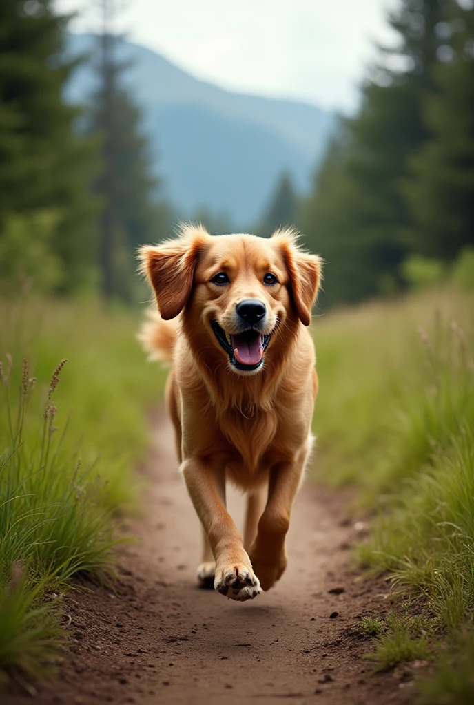 A realistic golden retriever running joyfully on a forest trail - SeaArt AI