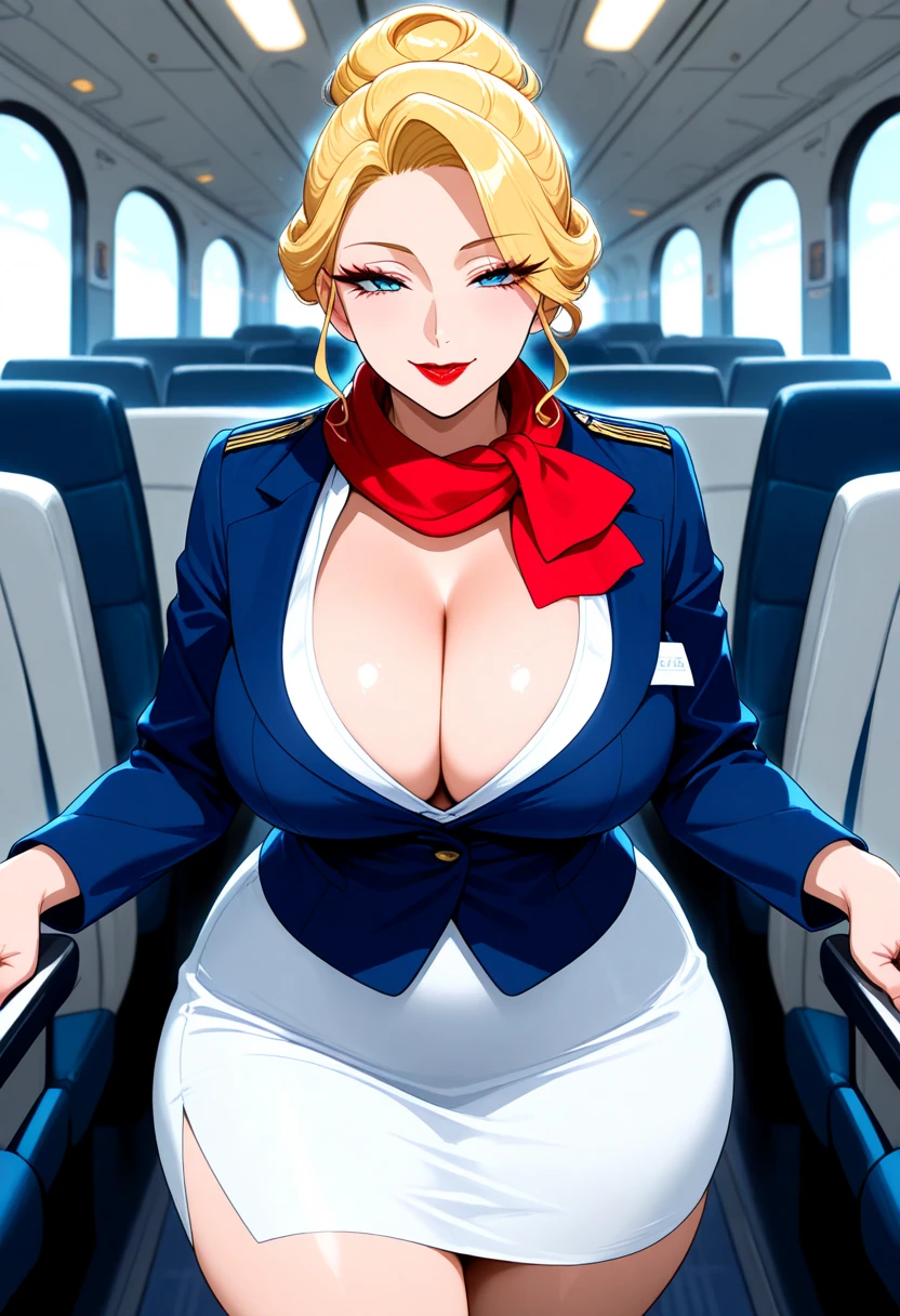 score_9, score_8_up, score_7_up, 1girl, edabl, blue eyes, blonde hair, large breasts, updo, short hair, hair slicked back, 
edaaic, semi-rimless eyewear, dangle earrings, formal, necklace, cleavage, collared shirt, aqua blazer, aqua pants,
looking at viewer, light smile, sitting, 
indoors, airplane interior, seat, window, clouds, sky, side view,
anime screencap, anime coloring, 2000s \(style\), 
<lora:Eda-Edith-Blackwater-Black-Lagoon-PDXL_V1-Manityro-CAME:1.0>,