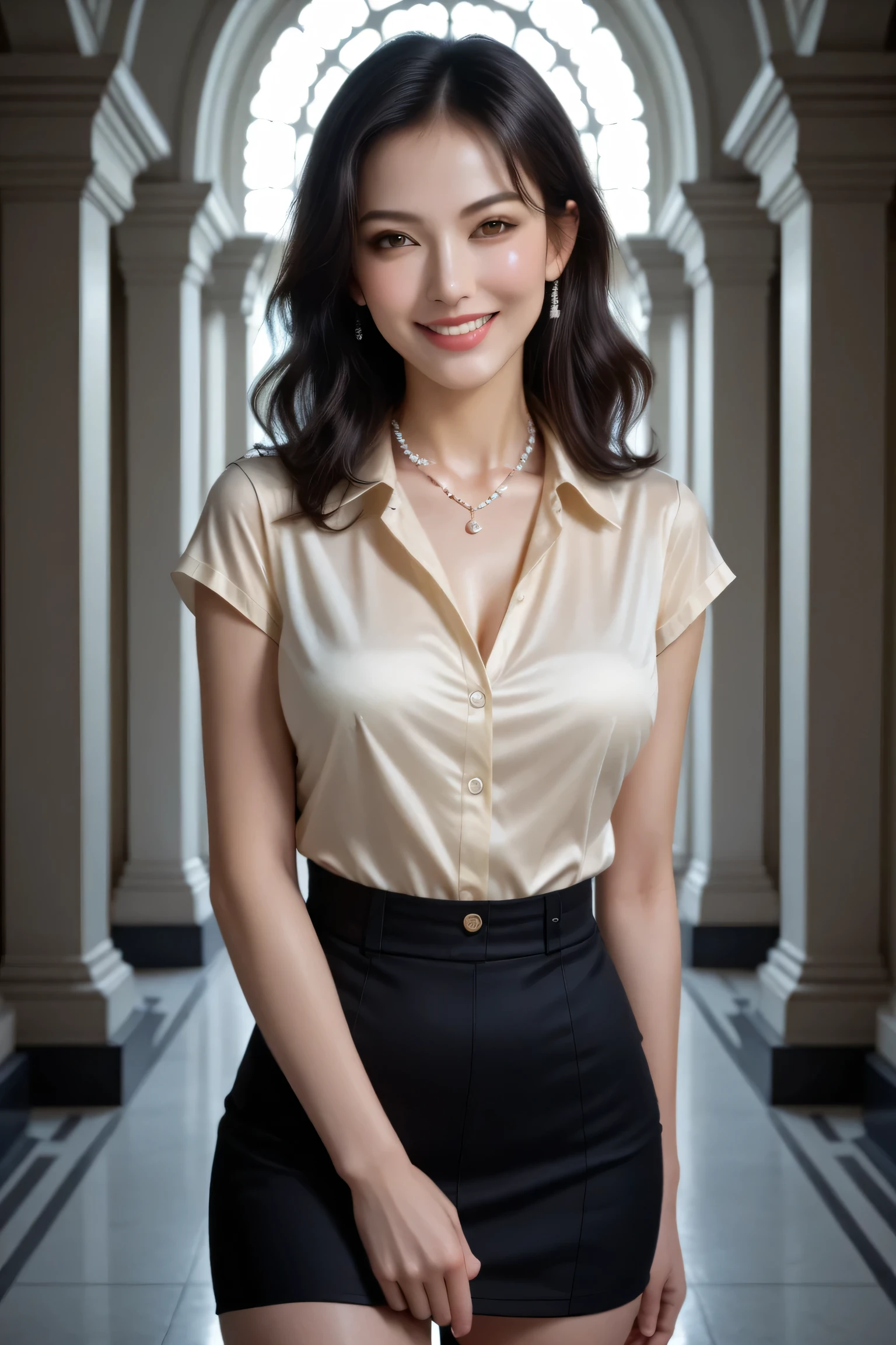 score_9, score_8_up, score_7_up, masterpiece, best quality, 1girl, Japanese woman, early 40s, cowboy shot, beautiful face, confident pose,
light yellow silk blouse with pearl buttons, tight black mini skirt, refined silhouette,
intelligent smile, full lips, soft wavy black hair, porcelain skin,
minimalist gallery background, soft dramatic lighting, direct gaze, sensual & intellectual