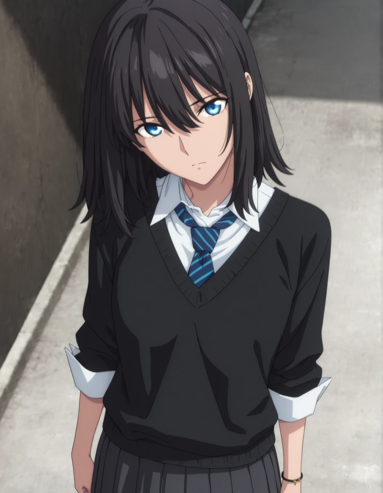 masterpiece, best quality, amazing quality, highres, absurdres, very aesthetic, high resolution, ,ultra detailed, perfect details, ufotable style, 1girl, solo, outdoors, , (detailed background:1.2),from above, , minami kano, medium hair, , ((black hair)), long bangs, , blue eyes, (detailed beautiful eyes), bracelet, (three-quarter sleeves, sleeve cuffs, black sweater, white shirt, collared shirt),stripe necktie, dark gray skirt, pleated long skirt, , (small breasts), , (aged up:1.5),(), looking at viewer, (anime coloring:1.2), , pose, , head tilt, slim body, slender body, slim arms, long legs,