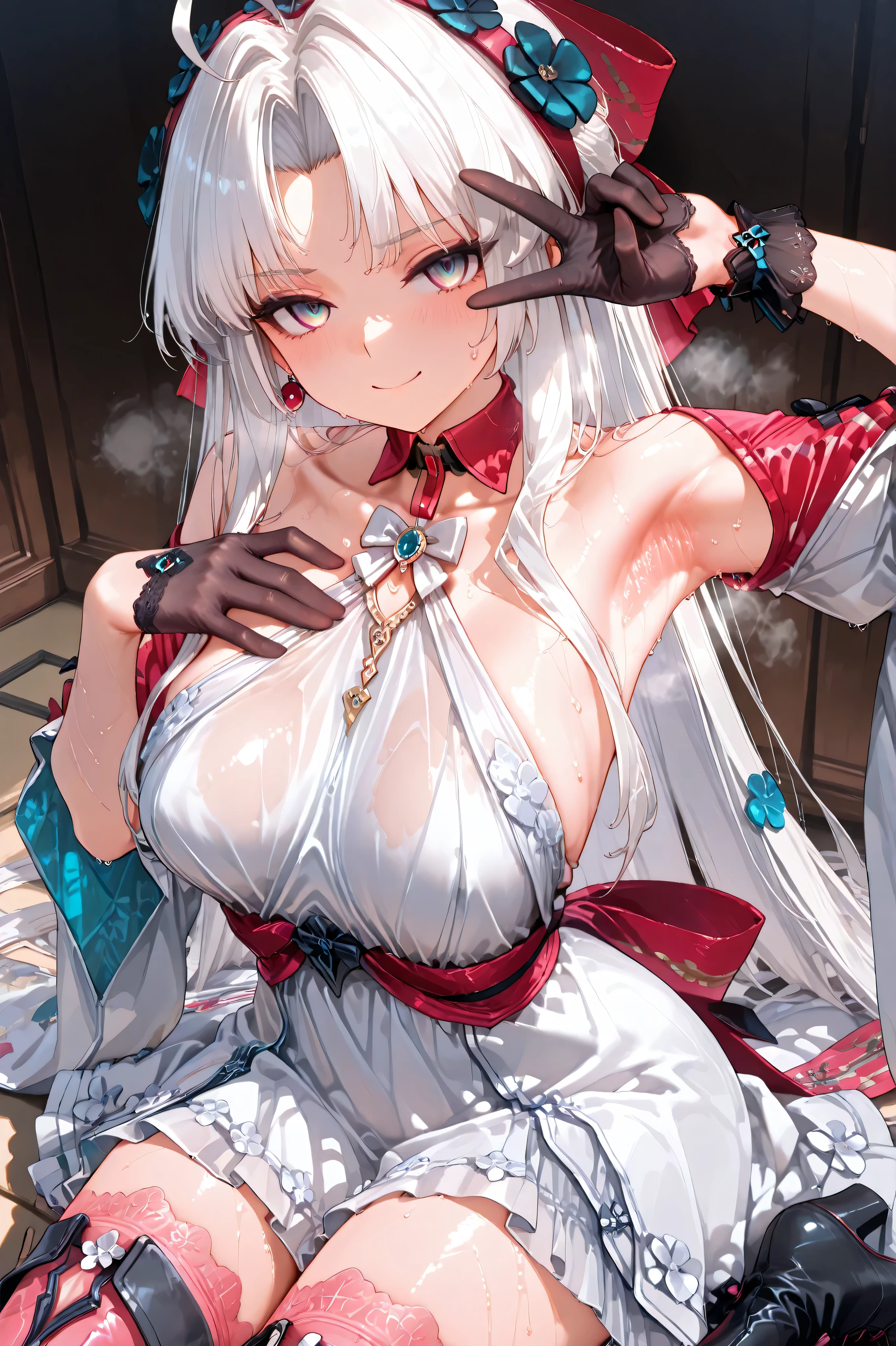 ,Suchwet, ,cute face,smell your armpit,Smelly Armpits 、armpit close-up、 Armpit close-up、sweat springs out of my armpits、Take a close-up shot of the side、、sweaty、carlottavp2, 1girl, solo, white hair, long hair, parted bangs, blue eyes, dress, very long hair, gloves, black gloves, hair ornament, flower, ahoge, bow, white dress, pink thighhighs, collarbone, bare shoulders, jewelry, boots, hair bow, half gloves, sidelocks, gradient eyes, grey eyes, hairband, long sleeves, multicolored eyes, parted bangs,, 3d,Female body glowing with sweat、dripping armpit sweat、no bra, sash, obi, v, spread armpit, presenting armpit, large breast, 8K ultra-high image quality、bewitching gaze、8k highest quality