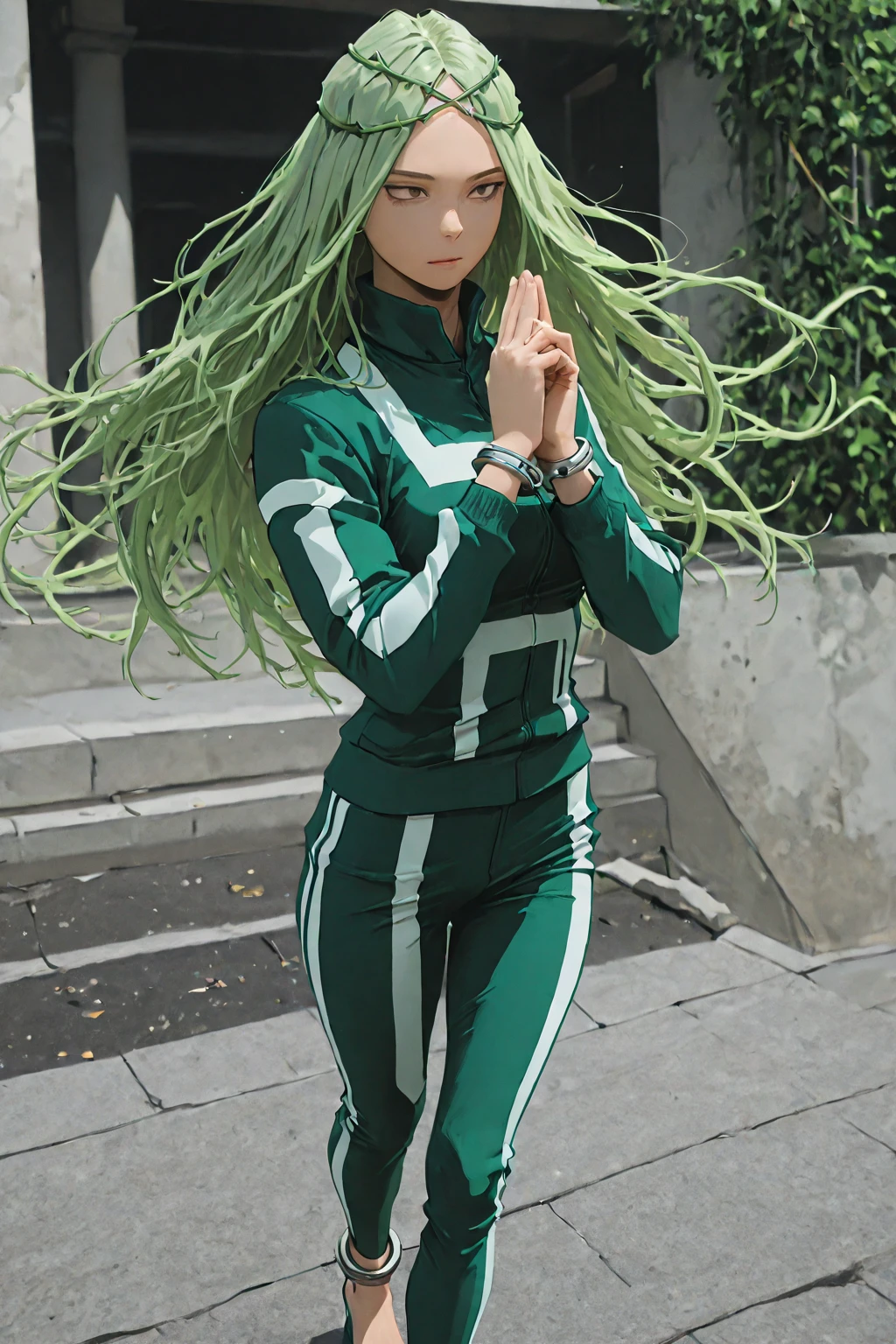 Tall stature, long, wavy green hair.  Bright and expressive light blue eyes. She was wearing cargo pants, a printed t-shirt and a waterproof jacket, big ass, big hip. Busty