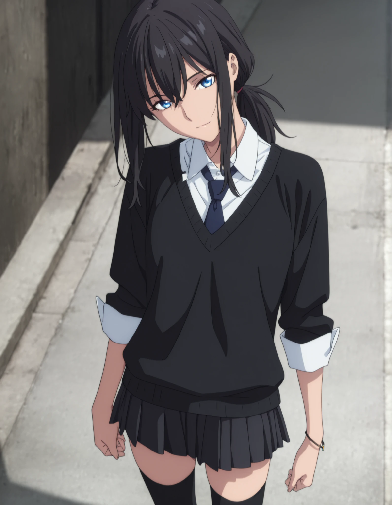 masterpiece, best quality, amazing quality, highres, absurdres, very aesthetic, high resolution,  ,ultra detailed, perfect details, ufotable style, 1girl, solo, outdoors, , (detailed background:1.2),from above, , minami kano, long hair, low ponytail, ((black hair)), long bangs, , blue eyes, (detailed beautiful eyes), bracelet, (three-quarter sleeves, sleeve cuffs, black sweater, white shirt, collared shirt ,dark blue stripe necktie),, dark gray skirt, pleated short skirt, thighhighs, (small breasts), , (aged up:1.5),(), looking at viewer, (anime coloring:1.2), , pose, , head tilt, slim body, slender body, slim arms, long legs, light skin, light smile,