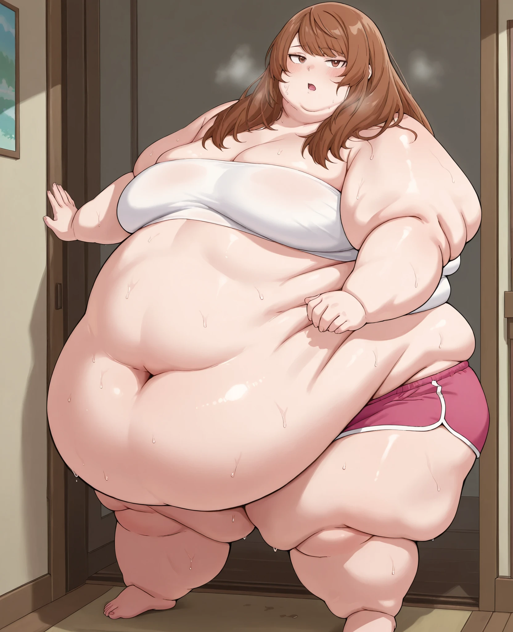 masterpiece, best quality, solo, 1girl, score_9, score_8_up,score_7_up BREAK, 1girl, solo, chubby, fat, very fat, obese, obese arms and legs, sloppy stomach, saggy round breasts, fat face, fupa, double chin, plump, thick thighs, thigh, morbidly obese, immobile, blush, sweaty, sweaty hair, blushing, KinuyoKa, brown eyes, brown hair, jitome, jitome eyes, bangs, hair over shoulders, swept trimmed bangs, KinuyoKa, brown eyes, brown hair, jitome, jitome eyes, bangs, hair over shoulders, swept trimmed bangs , tube top, midriff, dolphin shorts, open mouth sweating, full body shot, gigantic arms and legs, out of breath, standing, side view, looking at the viewer, swollen face, Fat_neck , Fat head , eyes with crushed cheeks , nose with crushed cheeks , mouth with crushed cheeks , chin roll