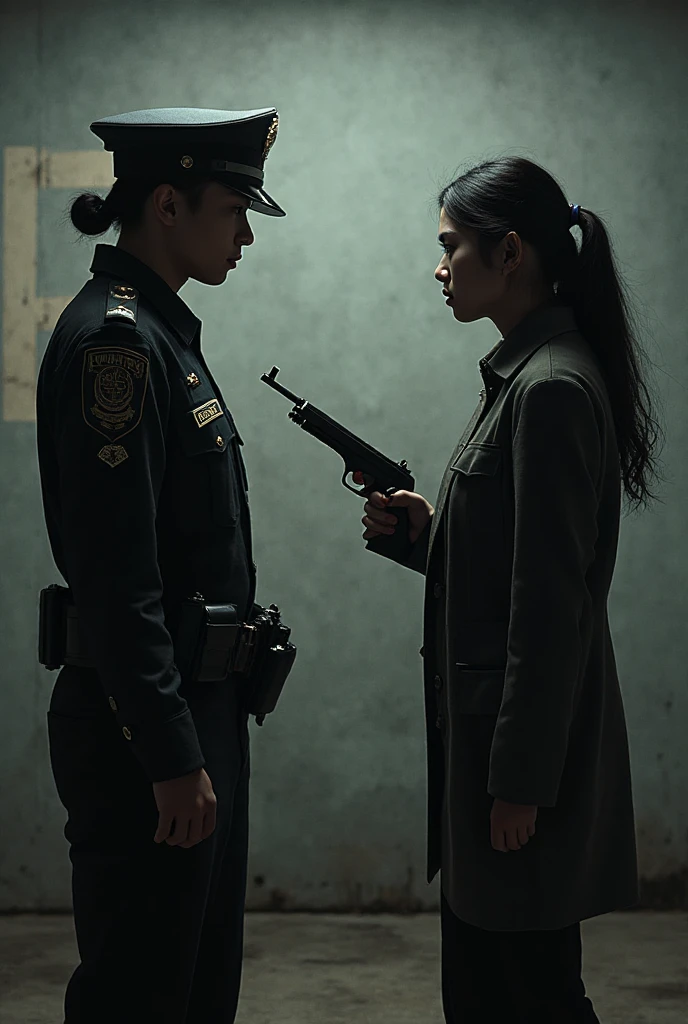 korean girl, (behind , blood splatter), surgical mask, holding knife, stabbing, black raincoat, leather gloves, trucker hat, room , short hair, holding knife, leather gloves, behind , night, mass murderer, robbery, in the hotel,
