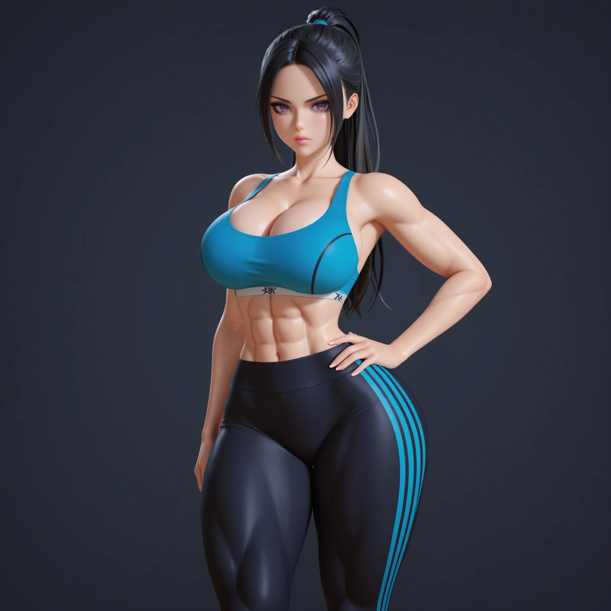 masterpiece, ultra-HD, impressionism, high detail, best quality, very aesthetic, 8K, best quality, beautiful, ultra-high resolution, 32K UHD, 3D, 1woman, solo, long black hair, ponytail, parted bangs, forehead, purple eyes, almond-shaped eyes, eyelashes, black eyeliner, pink lips, big breasts, wide hips, narrow waist, thick thighs, shapely legs, toned, slim, blue sports bra, cleavage, black leggings, blushed, serious, cute, hand on hips, standing, looking at the viewer, simple background, from the front view