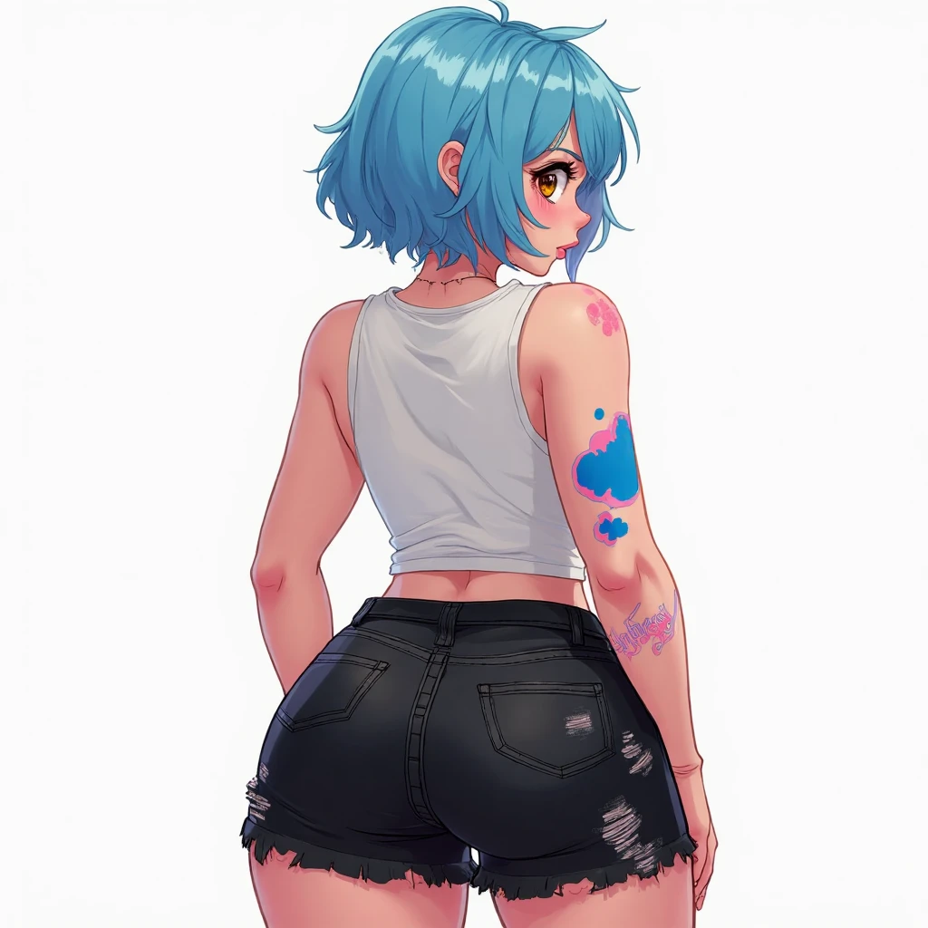 (Masterpiece) (High Detail) (High Res) A close up of a short humanoid girl with pale human skin and blue eyes and long blue hair and blue dog ears and a fluffy blue dog tail and average breasts. She is stood in a park wearing a oversized baggy rainbow sequin cropped t-shirt and a denim short-shorts. She has her hands behind her back out of shot. She has blushing cheeks. There is a pride parade with rainbow flags and rainbow clothes all around.