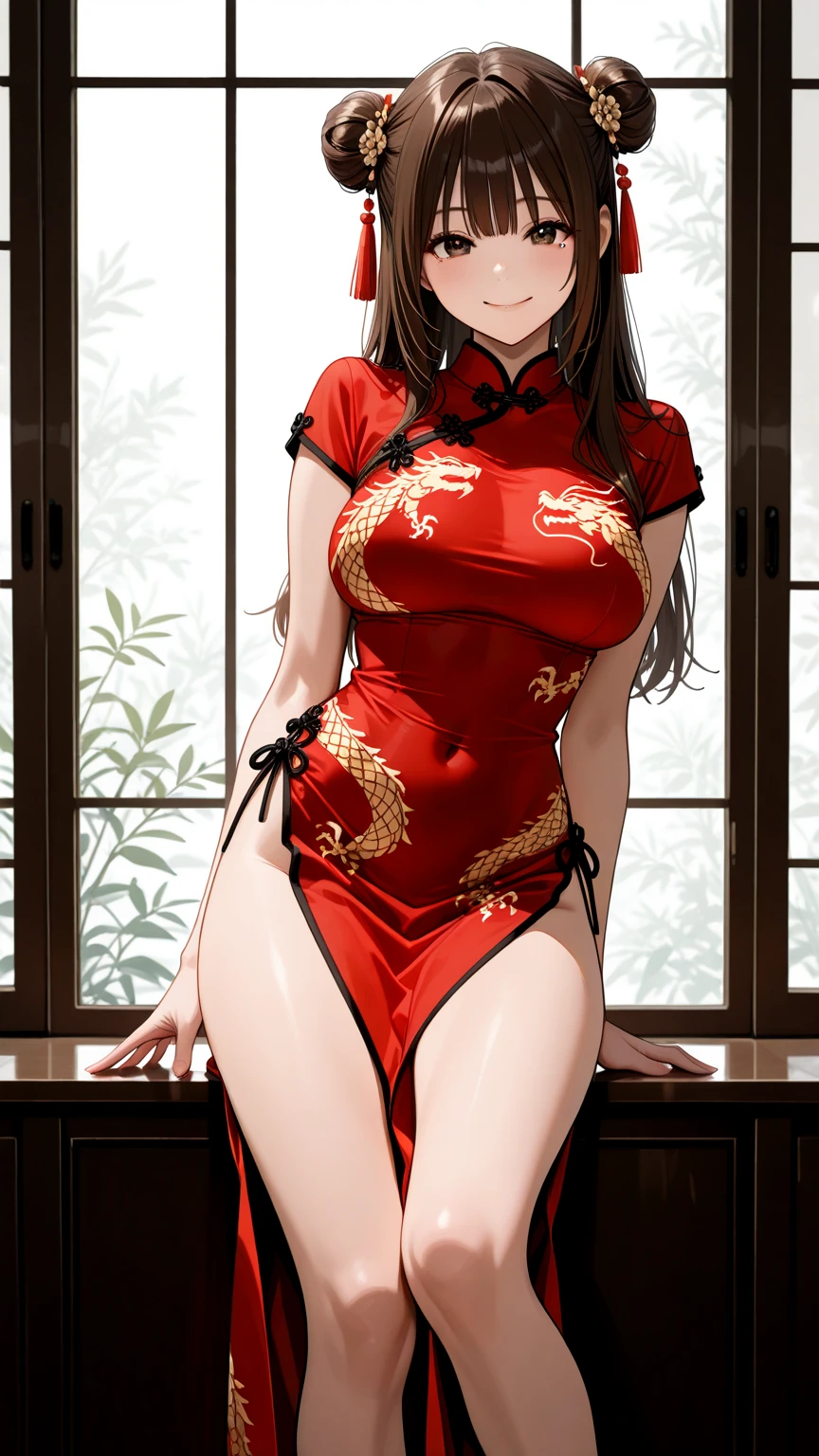 masutepiece,Best Quality,High resolution,Fine details,Solo,Adult Woman,blush,Curve,,Sweat,Oily skin,(Brightly colored embroidered cheongsam),(On a luxury hotel bed)、Dark brown longhair、Shy laughter、Stretch the hem of the  with a slouch
