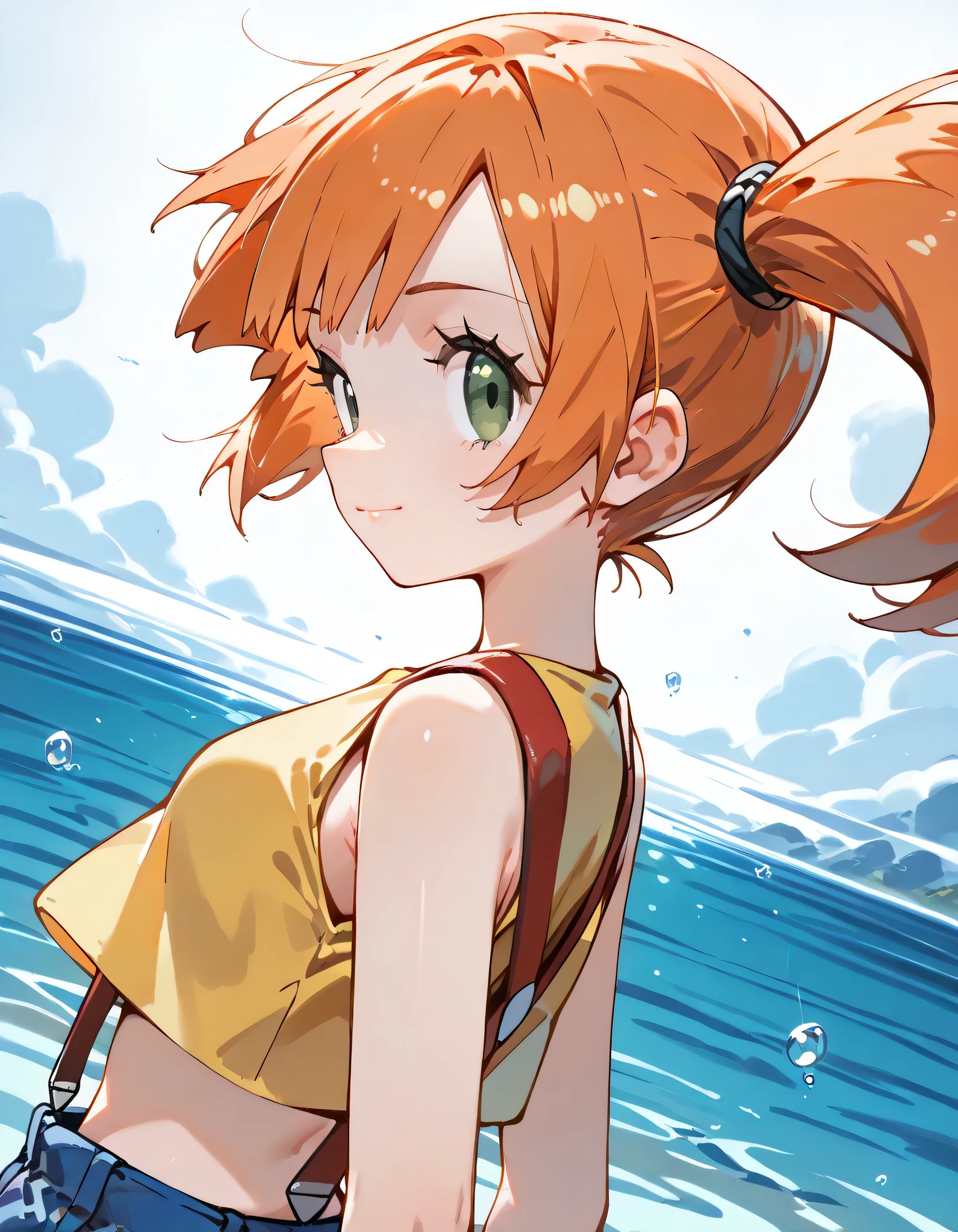 sideview,dynamic angle,dynamic close up profile,(looking at viewer),solo,1girl, Mit,closed one eyes, green eyes, orange hair, bangs, side ponytail, hair tie, yellow shirt, sleeveless, midriff, red suspenders, blue shorts, lovry smiling, closed mouth,pokemon water world,