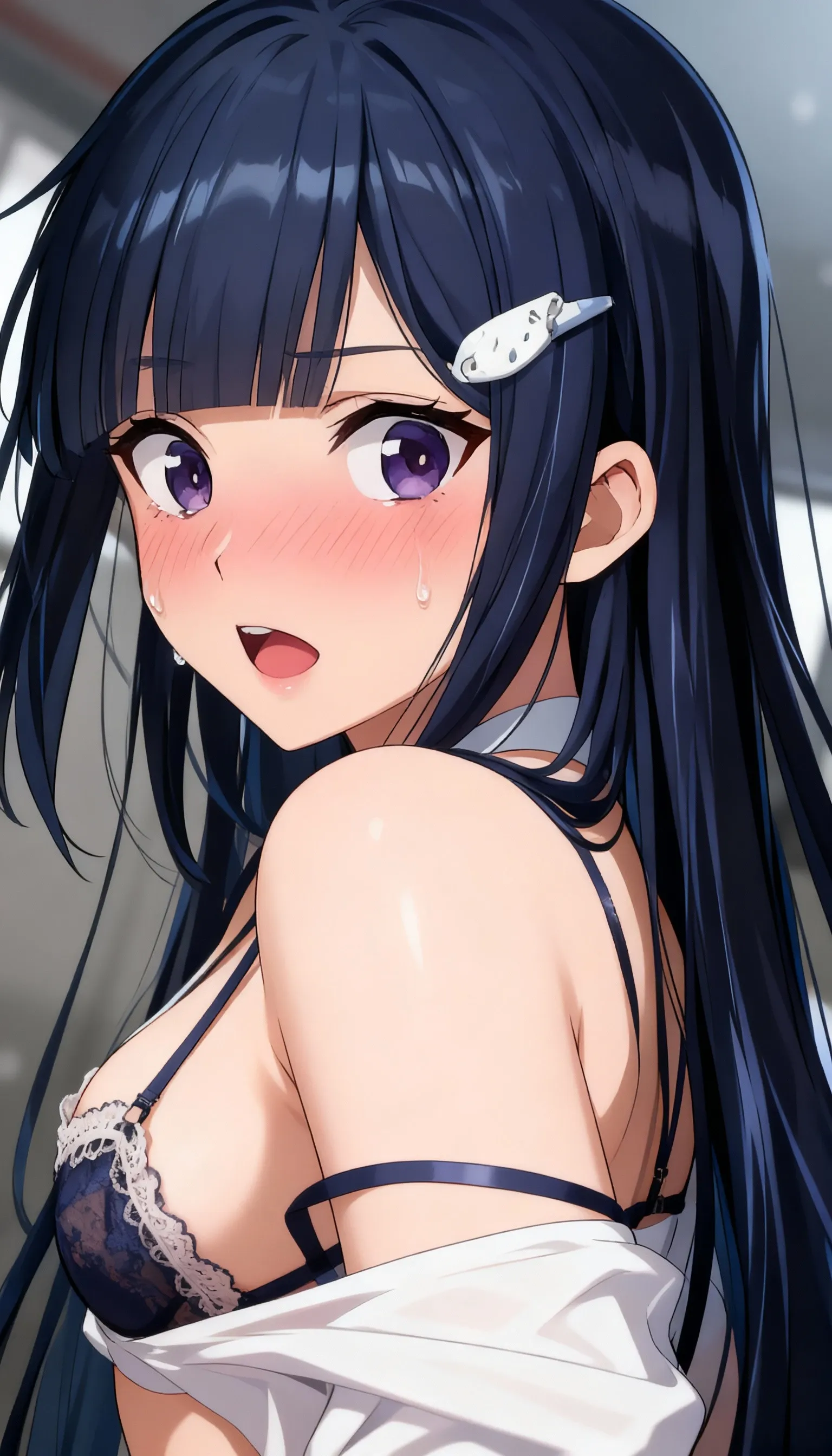 furuderika, long hair, purple eyes, blue hair, blunt bangs, , pink bow, , , , pink bow, 　live stage, , , solo, Peeing, lactation, projectile lactation,  , Sweating profusely, , Wet Woman,  female ,