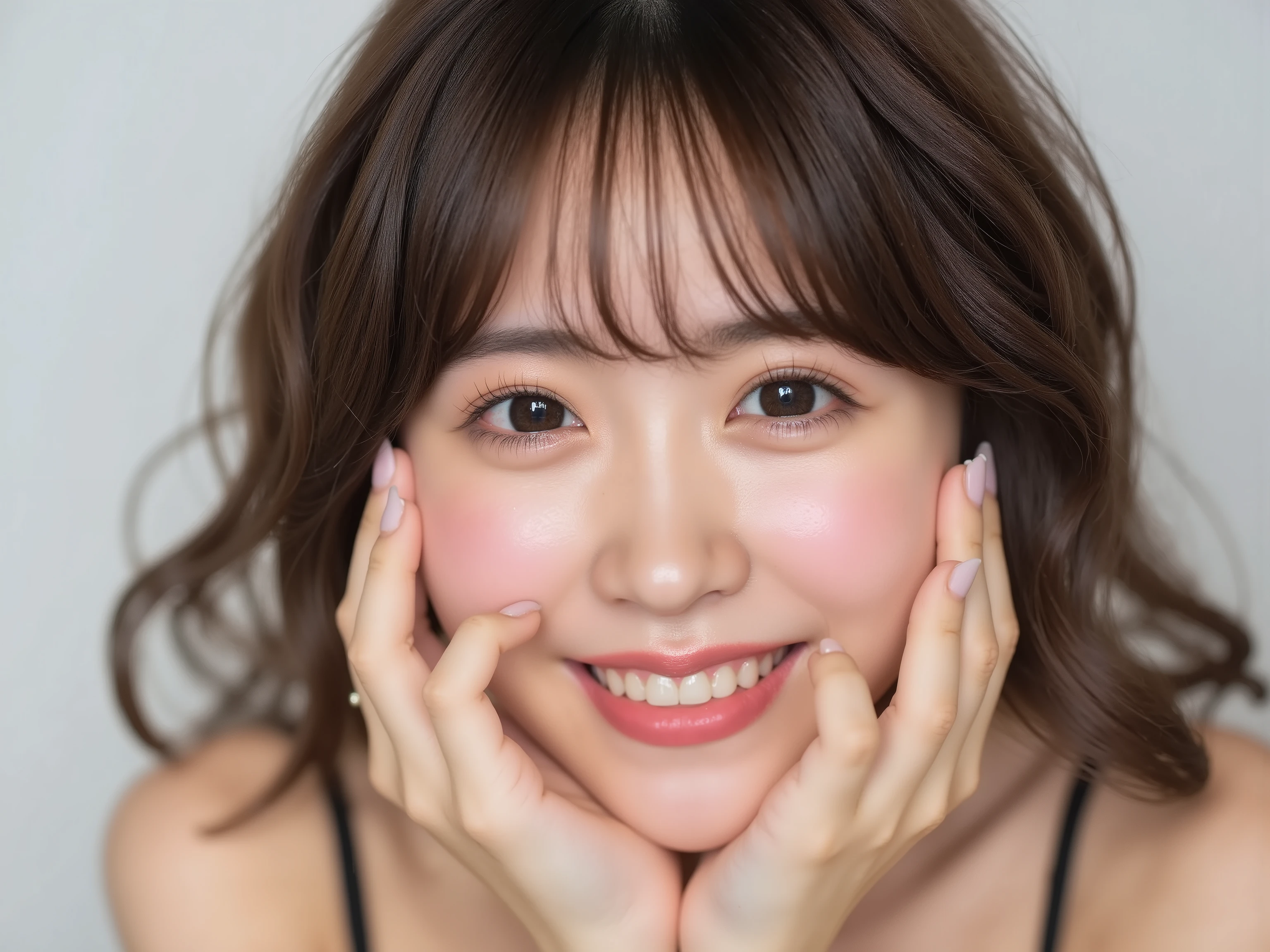 (Refined from an old photo, recreated in a modern, ultra high-quality photorealistic style, with a trendy Reiwa-era hairstyle: soft semi-long hair with natural waves and airy see-through bangs),
Ultra photorealistic close-up portrait of a beautiful Japanese woman,
upper-body shot, wearing a black outfit (completely out of frame, not visible),
shoulders and collarbone softly exposed,
both hands pressing her cheeks in a shy, lovestruck pose,
sparkling eyes gazing dreamily at the viewer with overwhelming affection,
cheeks blushing deeply with a sweet reddish glow,
soft glossy lips curved into a bright, full, lovestruck smile,
expression melting with love, playful, dreamy, adorably bashful,
purely cute and lovestruck, overflowing with affection and warmth,
realistic skin with detailed pores, subtle freckles, natural uneven tones,
tiny imperfections for realism, soft peach fuzz visible,
hair rendered with individual strands, slightly messy flow, natural matte shine,
soft diffused cinematic lighting, natural depth,
background pure white with gentle blur,
(masterpiece, best quality, high resolution, intimate romantic close-up, cinematic magazine cover style)