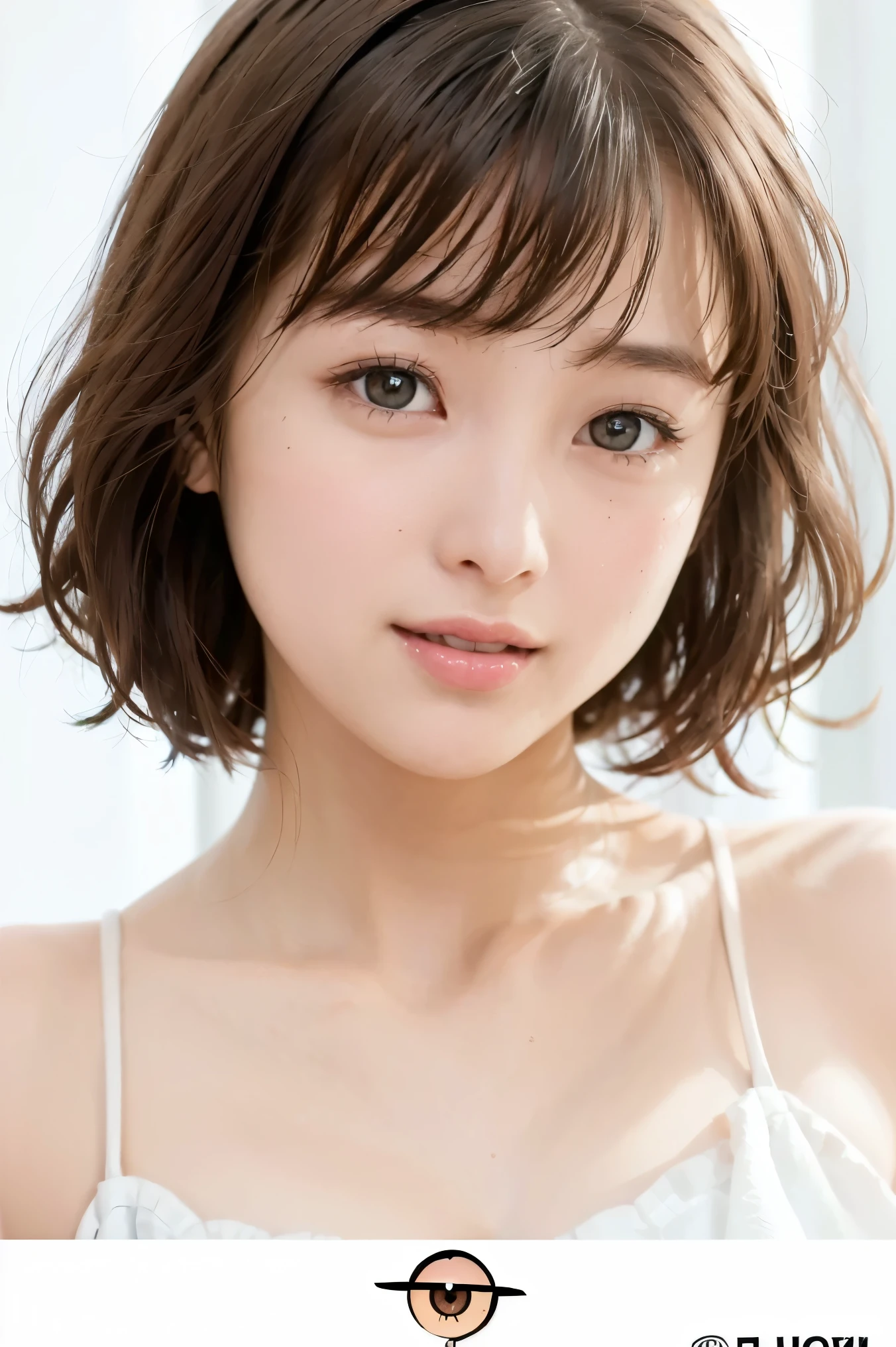 (Highest Quality, High Accuracy Choice, masterpiece:1.2), Photo depicting facial expressions in detail 、 woman with a tea pillar standing on the tea 、take a picture close to my face、(I have a bouquet of flowers)、realistic:1.37,(perfect anatomy), A beautiful woman facing the front、 Thin face 、(Portrait)、A woman wearing white is smiling、beautiful faces、Beautiful woman smiling at the camera、(expression)、(viewer)、stares at viewers、beautiful skin,small breasts、(very big eyes)、big eyes,The edge of her eye is slightly lowered、(glowing eyes:1.3)、beautiful skin 、Beautiful Lips、big eyes,short hair、 ,,(The background is a white room:1.2)、white wall、I'm looking at this、