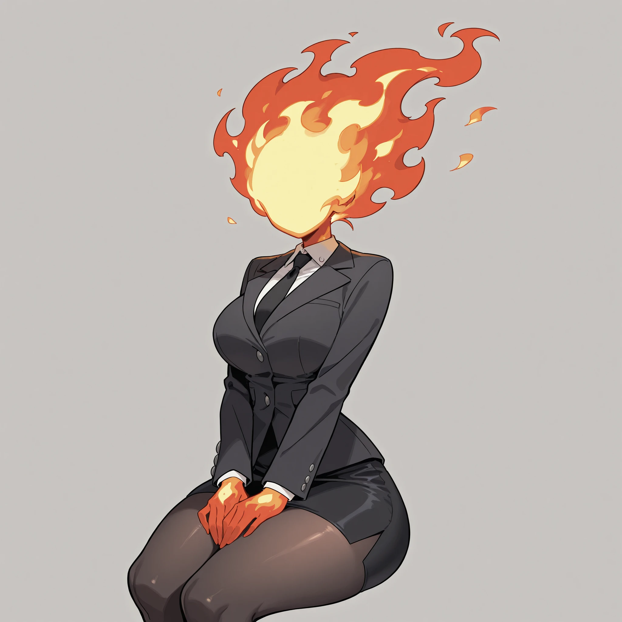 masterpiece, ultra-HD, impressionism, high detail, best quality, very aesthetic, 8K, best quality, beautiful, ultra-high resolution, 32K UHD, sugimorixd, 1girl, solo, fire head, fire ball head, flames head, faceless, eyeless, fire, big breasts, narrow waist, wide hips, thick thighs, shapely legs, slim, black blazer coat, white buttoned shirt, black tie, black pencil skirt, black pantyhose, shirt collar, cute, hands on lap, standing, looking at viewer, simple background, from the front view