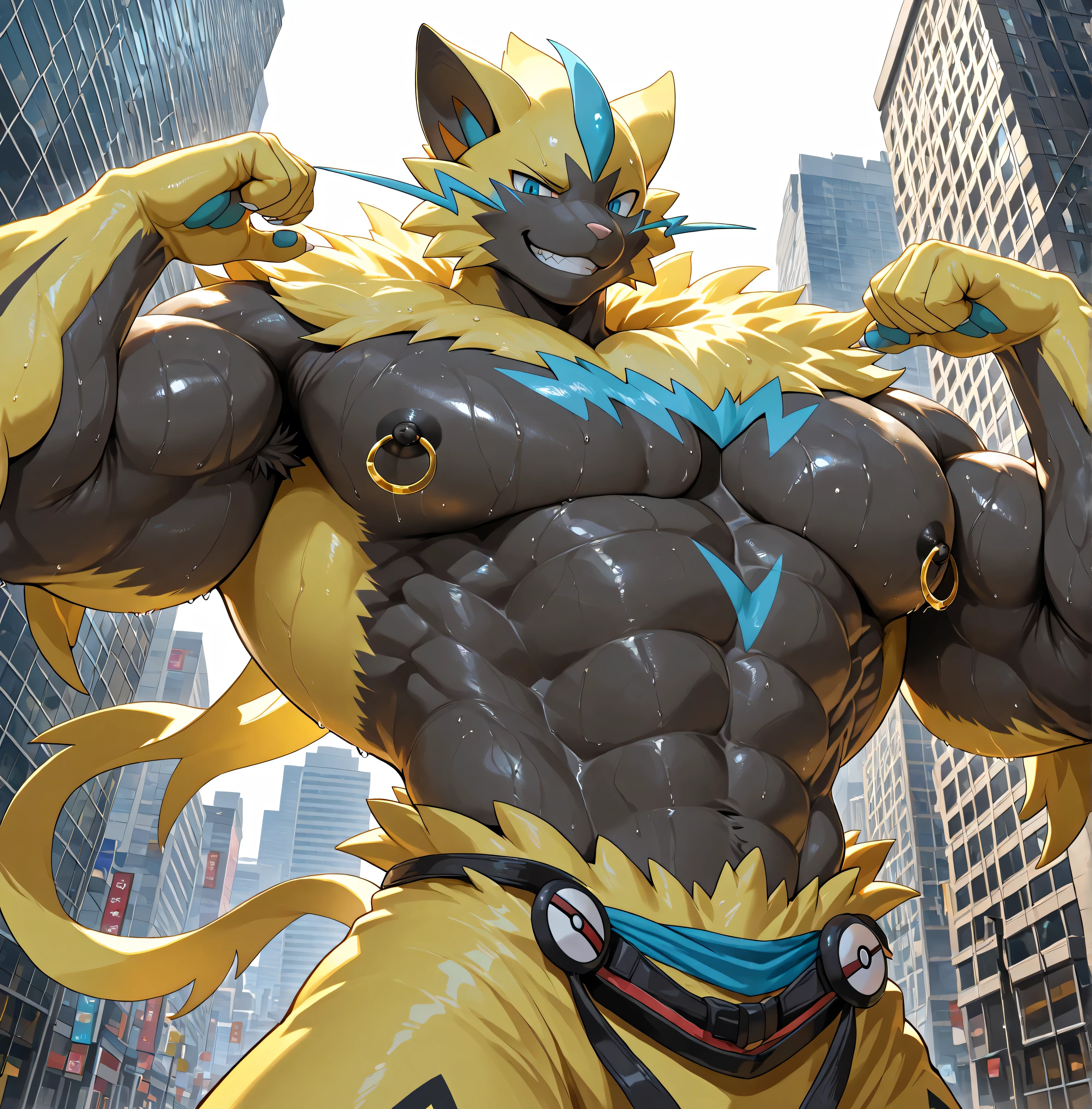 kemono, bara, solo, alone, furry, Anthro, Zeraora, Pokemon (Creature), tail, huge muscular, posing, huge black nipples, golden nipple rings, broad shoulders, broad chest, serious, grin, detailed background, looking down at viewer, bare upper body, sweaty, low view, face turned, macro, city, one raised eyebrow, touching himself, BREAK score_9_up,score_8_up,score_7_up,score_6_up,score_5_up,score_4_up BREAK littleblackalas