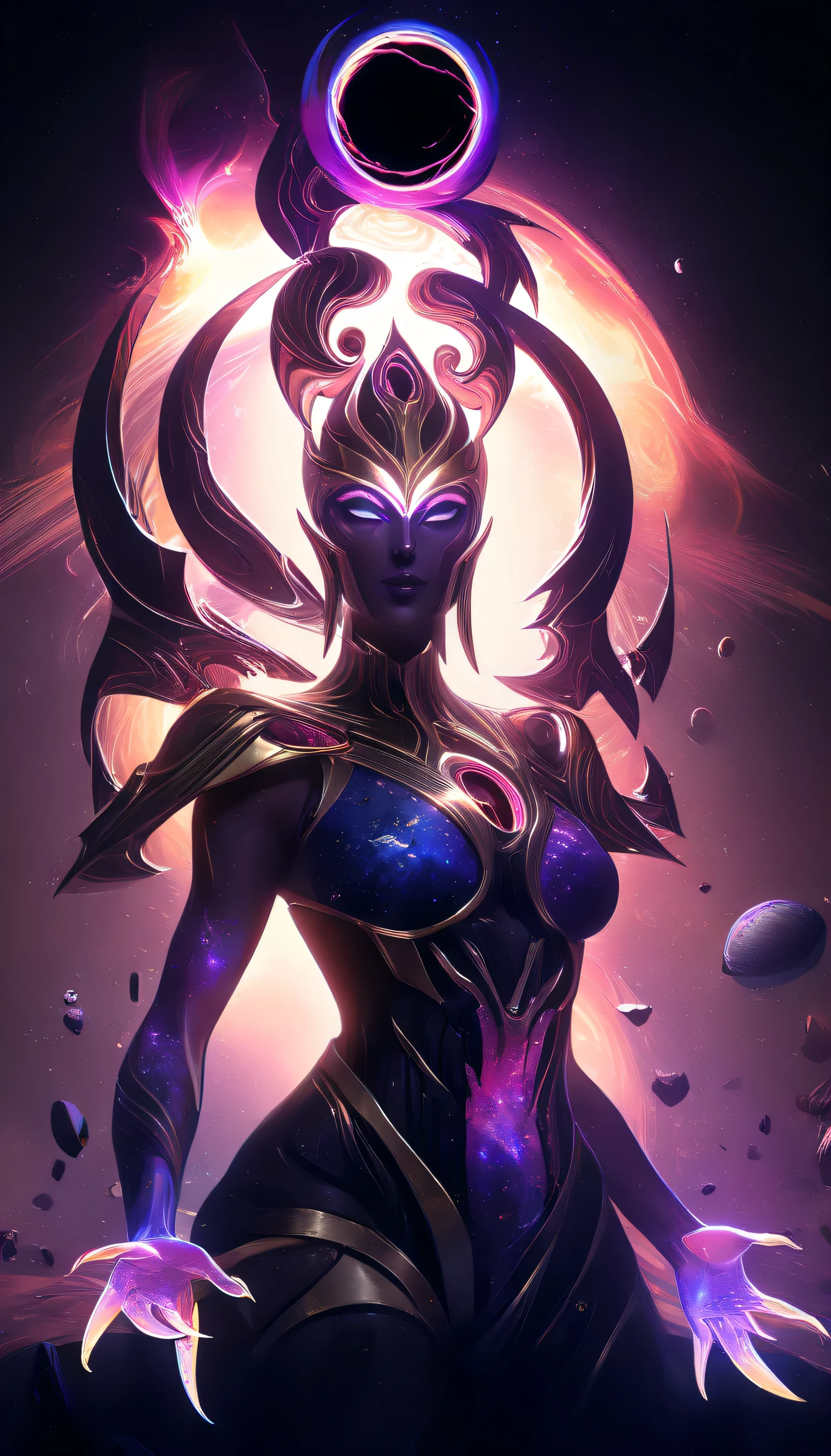 csmicvoid style,hyperdetailed photography,absolutely Epic embodiement of dark void empress,ethereal,cosmic,cinematic,trending,awardwinning,32k,(in the style of aleksi briclot:1.8),(russ mills,ryan hewett:1.5),combat mode,ornaments,glowing eyes,dark,atmospheric,abstract,