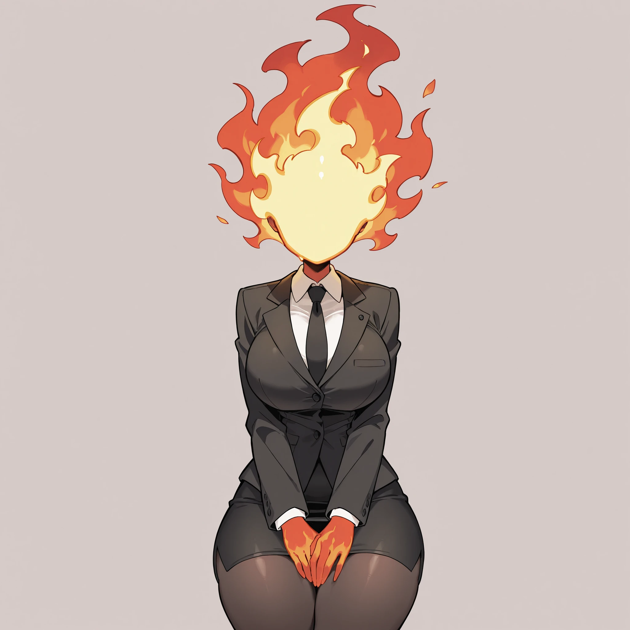 masterpiece, ultra-HD, impressionism, high detail, best quality, very aesthetic, 8K, best quality, beautiful, ultra-high resolution, 32K UHD, sugimorixd, 1girl, solo, fire head, fire ball head, flames head, faceless, eyeless, fire, elemental head, big breasts, narrow waist, wide hips, thick thighs, shapely legs, slim, black suit jacket, white buttoned shirt, black tie, black pencil skirt, black pantyhose, shirt collar, cute, hands on lap, standing, looking at viewer, simple background, from the front view 