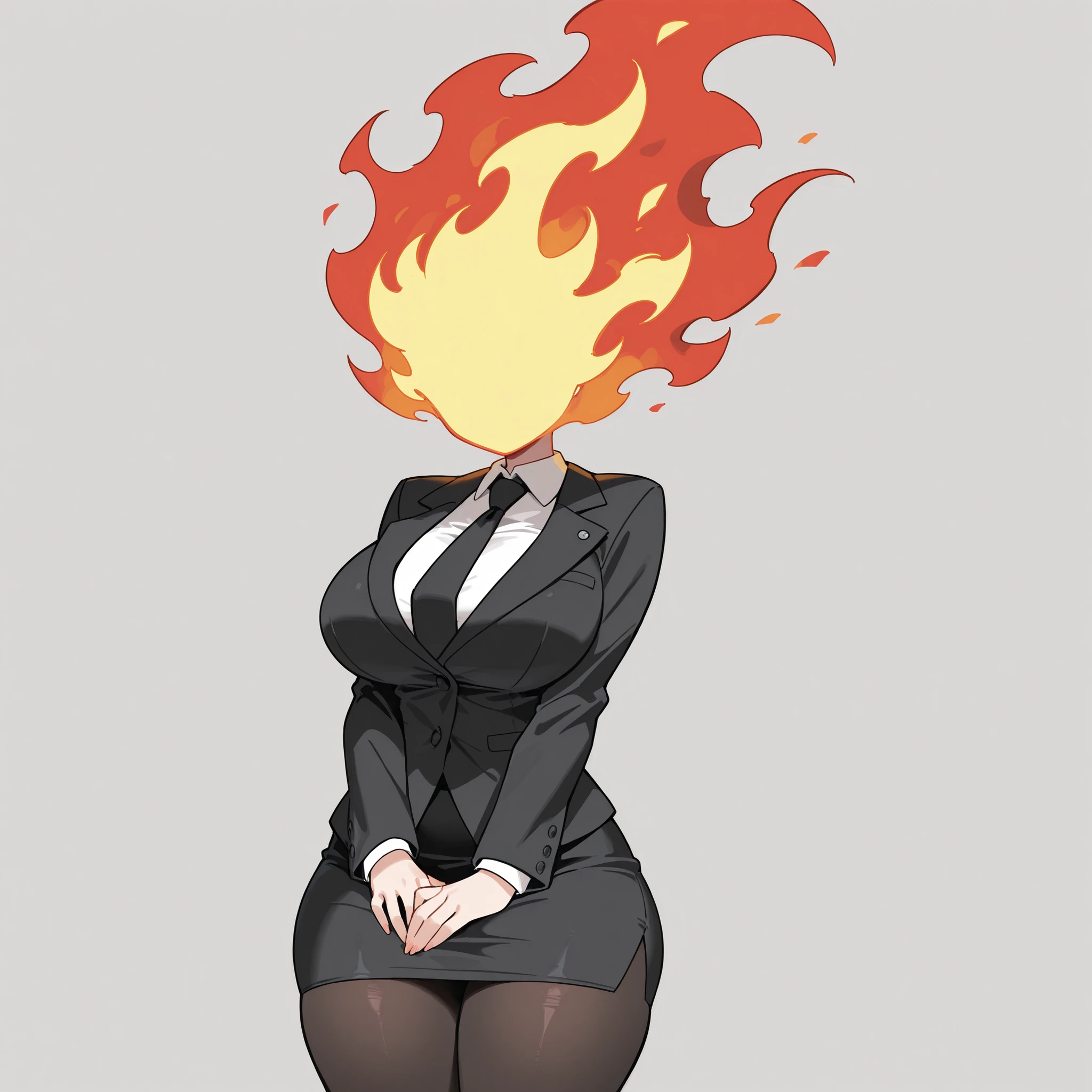 masterpiece, ultra-HD, impressionism, high detail, best quality, very aesthetic, 8K, best quality, beautiful, ultra-high resolution, 32K UHD, sugimorixd, 1girl, solo, fire head, fire ball head, flames head, faceless, eyeless, fire, elemental head, big breasts, narrow waist, wide hips, thick thighs, shapely legs, slim, black suit jacket, white buttoned shirt, black tie, black pencil skirt, black pantyhose, shirt collar, cute, hands on lap, standing, looking at viewer, simple background, from the front view 