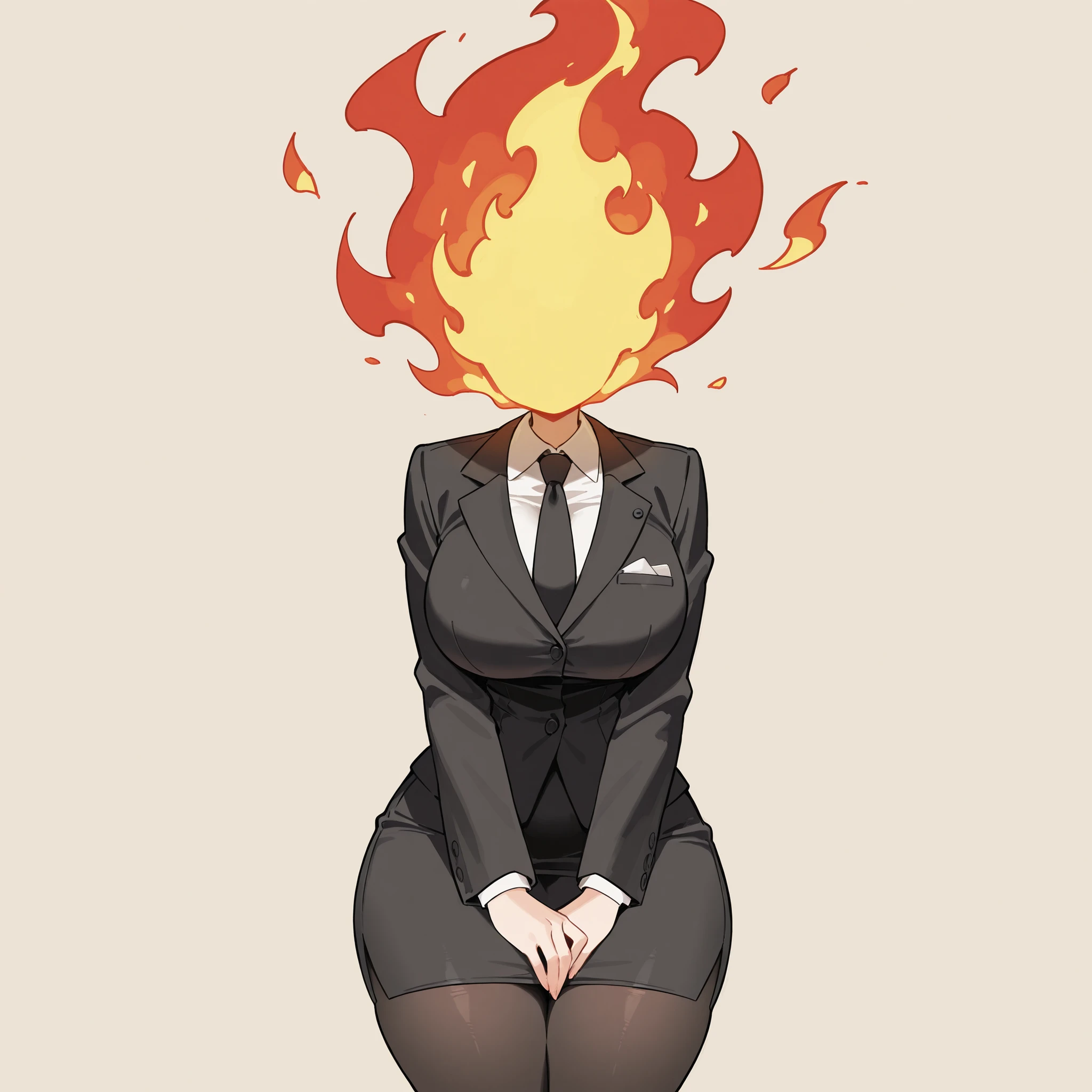masterpiece, ultra-HD, impressionism, high detail, best quality, very aesthetic, 8K, best quality, beautiful, ultra-high resolution, 32K UHD, sugimorixd, 1girl, solo, fire head, fire ball head, flames head, faceless, eyeless, fire, elemental head, big breasts, narrow waist, wide hips, thick thighs, shapely legs, slim, black suit jacket, white buttoned shirt, black tie, black pencil skirt, black pantyhose, shirt collar, cute, hands on lap, standing, looking at viewer, simple background, from the front view 