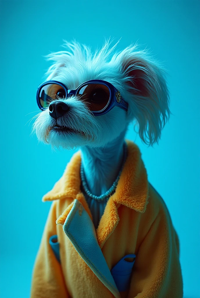 The best cell phone wallpaper, Award-Winning Wallpaper, portrait photography, In the front view is a portrait of a cute dog wearing mid-1960s space age fashion, Side view photo, Shot with Canon EOS R5, Set a strong contrast that accentuates the subject, Fluorescent blue tone, Wearing a very modern coat and sunglasses is a modern 1960s style, Clothes all in one color, beautiful background