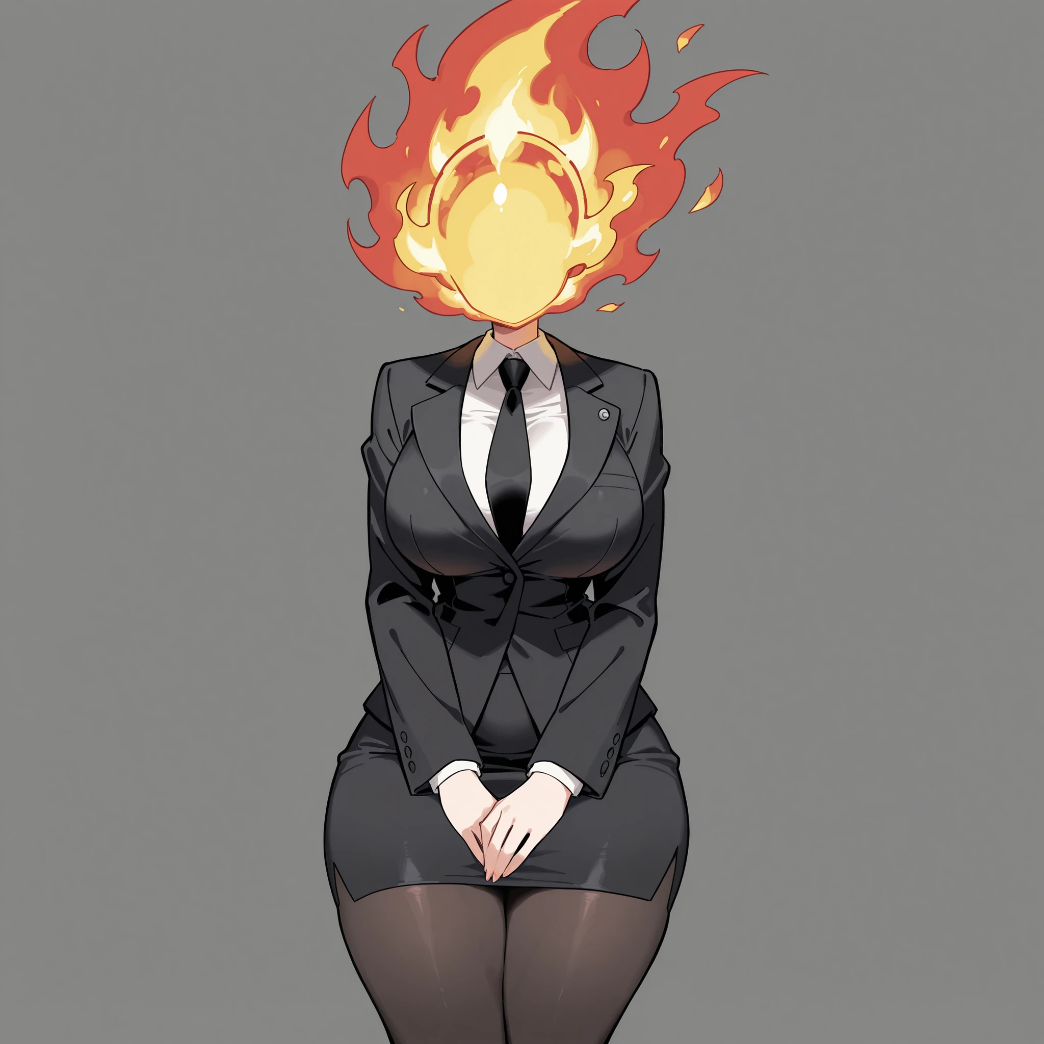 masterpiece, ultra-HD, impressionism, high detail, best quality, very aesthetic, 8K, best quality, beautiful, ultra-high resolution, 32K UHD, sugimorixd, 1girl, solo, fire head, fire ball head, flames head, faceless, eyeless, fire, elemental head, big breasts, narrow waist, wide hips, thick thighs, shapely legs, slim, black suit jacket, white buttoned shirt, black tie, black pencil skirt, black pantyhose, shirt collar, cute, hands on lap, standing, looking at viewer, simple background, from the front view