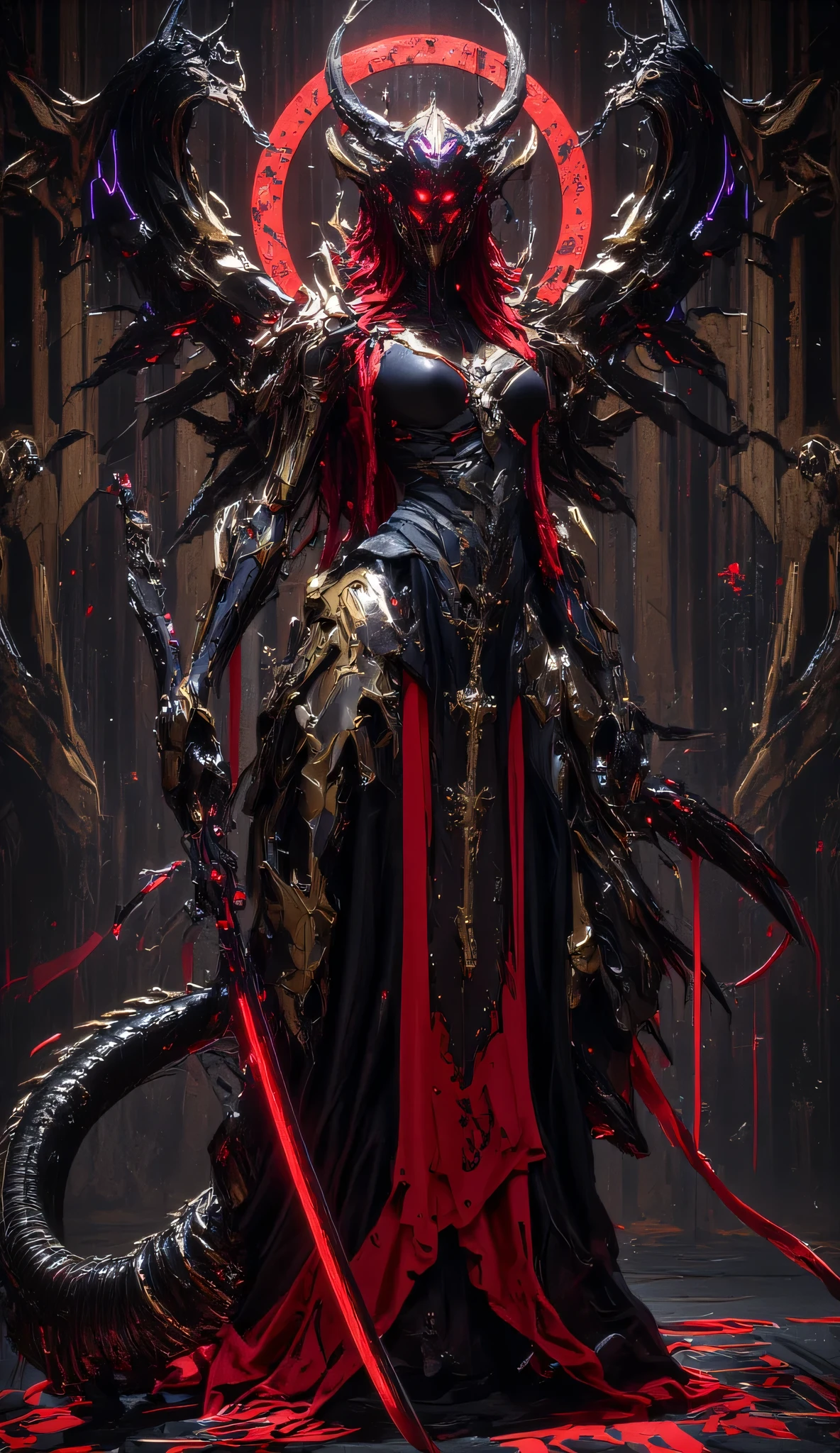 Full body portrait in surreal dreamlike dark modern fantasy style of Lilith, Queen of Succubi. Set between the borders of Dream and Nightmare, in the land of the Oneironoi. Seductively posed amidst bone sculptures and surrounded by a aura of darklight we zoom in to a full body portrait of a striking woman of vivid beauty and terrifying self-possession, she has monstrous raven wings, beautiful succubus, fallen archangel, raven winged female vampire baroness, Duchess of Hell, gothic fantasy art, Captain-Commander of Hell's Crimson Reavers, Deathknight , Lilith The First Vampire, fantasy dark art, demoness, gothic maiden of the dark, succubus | medieval, goddess of wrath, want to create a tableau dedicated to portraying Lilith, queen of demons, first wife of Adam, first succubus. masterpiece. best quality. Aesthetic pose, perfect anatomy, gold and dark purple decorated warbraids, radiantly ironic and sinister eyes,beautiful cinematic painting, dark dramatic character, tattoos of demonic script all over body, sinister beauty, shapely tall figure, curvy lush body, a vibrantly sensual and murderous paragon of death seems a 20 year old Alexander the Great in feminine aspect, the same mad genius and presence of majesty only gods dragonslayers convey. Heroes and madmen, wizards and trickers, Violent Gods and Calculating devils and archangels of holy fire, cthonic elder horrors and Demiurges. She is a Goddess, with dark godrays crowning her glory and terrible beauty, masterpiece:1.3, perfect big breasts, beautiful hands , Glowing Skin , Face Focus , Delicate skin ), Perfect Face,depth of field,panoramic,full body shot, Realistic Portrait , exquisite five-fold ,Perfect Face 、(steam), panoramic,full body shot, , waves of layered crimson hair fastened with jewelry for armor, Sleeveless Tank Top with ample tattooed cleavage , Fit leather Dress armored in diabolically engraved bronze scales , combat boots The image