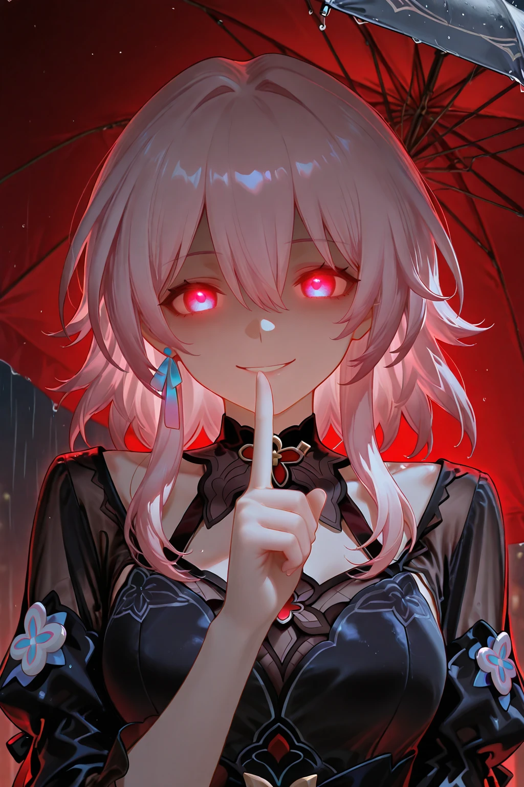 a female character, hoodie, blood rain, vempire smile, silver hair, devil hornes, background place in hell, hell queen dressup, left lighting devil eye, right eye godes angle, fire rain, engery face, full upper body, age 18, tite body, with power, devil wings, sitting on universal chair