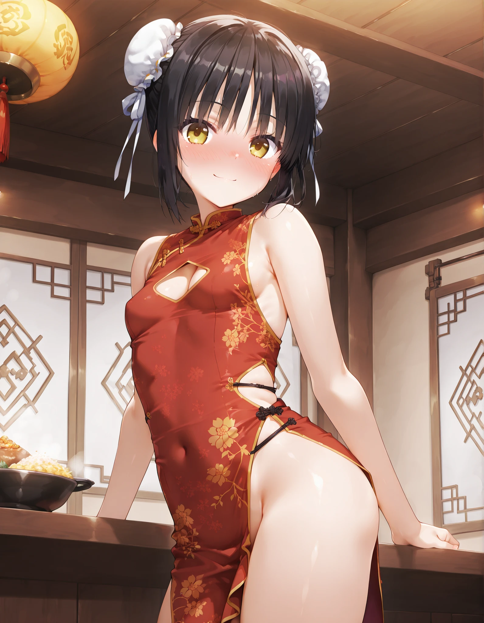 black hair, yellow eyes, shiki natsume, cafe stella to shinigami no chou, muririn,

score_9, score_8_up, score_7_up, score_6_up, score_5_up, score_4_up, Highest Quality, masterpiece,  

(solo, loli), 
soft boobs, 


 red dress, china dress, chinese clothes, white buns cover, 
floral print, clothing cutout,
sideless outfit, cleavage cutout, sleeveless,  skindentation, underboob cutout, cleavage, sideboob,  bare shoulders, underboob, no panties,, side cutout ,side slit, 

bun cover, hair bun, double bun,
China restaurant, 

smile,  full face blush, 

arms behind, 

looking at viewer, 
