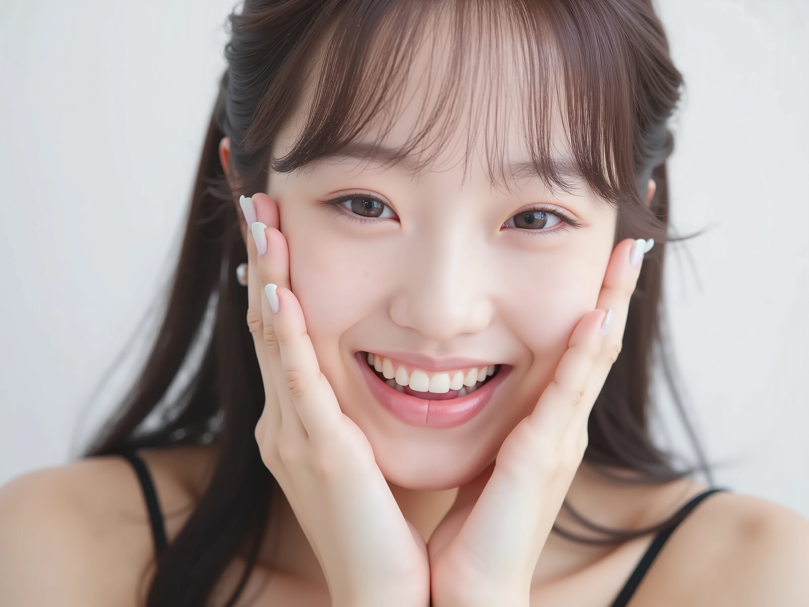 (Refined from an old photo, recreated in a modern, ultra high-quality photorealistic style, with a trendy Reiwa-era hairstyle: soft semi-long hair with natural waves and airy see-through bangs), 
Ultra photorealistic close-up portrait of a beautiful Japanese woman, 
upper-body shot, wearing a black outfit (completely out of frame, not visible), 
shoulders and collarbone softly exposed, 
both hands pressing her cheeks in a shy, lovestruck pose, 
sparkling eyes gazing dreamily at the viewer with overwhelming affection, 
cheeks blushing deeply with a sweet reddish glow, 
soft glossy lips curved into a bright, full, lovestruck smile, 
expression melting with love, playful, dreamy, adorably bashful, 
purely cute and lovestruck, overflowing with affection and warmth, 
realistic skin with detailed pores, subtle freckles, natural uneven tones, 
tiny imperfections for realism, soft peach fuzz visible, 
hair rendered with individual strands, slightly messy flow, natural matte shine, 
soft diffused cinematic lighting, natural depth, 
background pure white with gentle blur, 
(masterpiece, best quality, high resolution, intimate romantic close-up, cinematic magazine cover style)