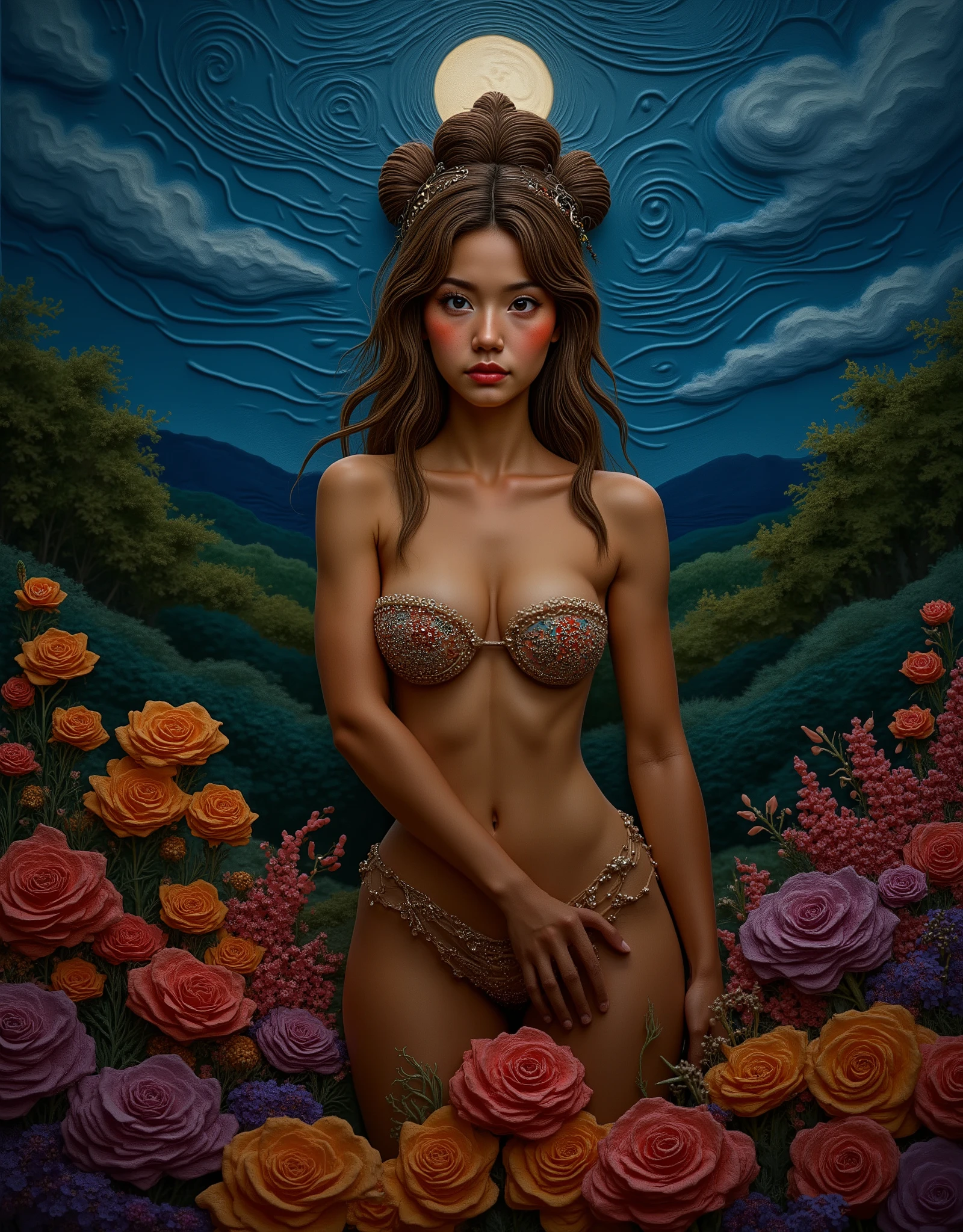 a naked native girl, realistic, detailed, detailed facial features, standing in a garden, filled with colorful flowers, moonlit night, dramatic lighting, photorealistic, 8K, physically-based rendering,professional,vivid colors,intricate details