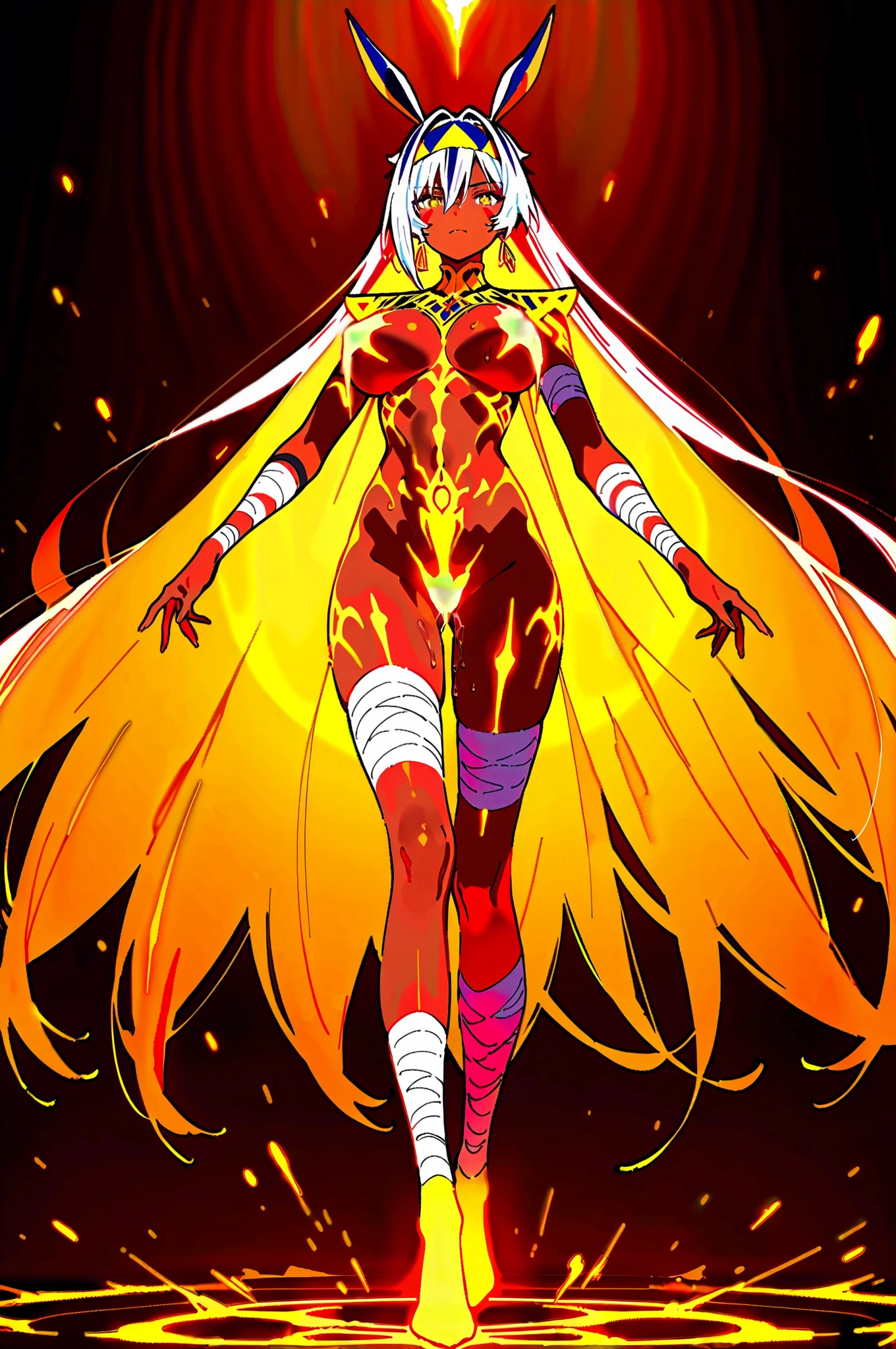 masterpiece, best quality, very aesthetic, (newest:1.1),ultra-detailed,highres,absurdres 
fate (series) , fate/grand order ,, (bandages, bandaged arm, bandaged leg ,glowing skin:1.4), 
 ( nitocris alter (noble phantasm) (fate) white fire on skin :1.3),
(dark-skinned female , dark skin) ,  ,full body , ,white hair ,yellow eyes ,revealing clothes,convenient censor,black tendrils , [facial mark], serious face, 
sensitive,sexually suggestive,pussy juice,
,realistic anime style,
morning,(very detailed background:1.1),
, [glossy skin],very detailed skin,skin pores,