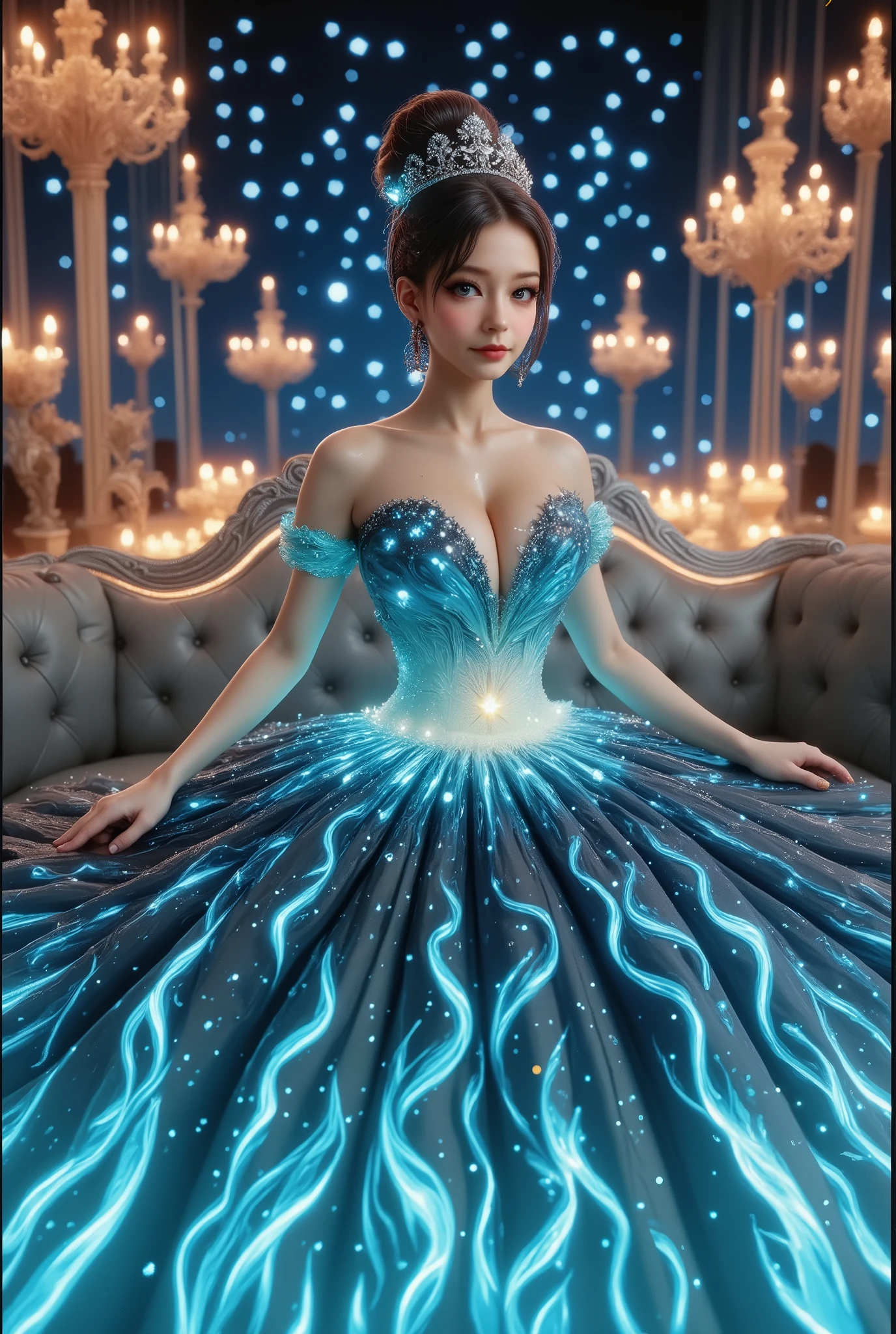 A high-resolution, detailed 3D rendering style. A young woman with big bobs, douyin-style makeup, adorned in a lavish gown, strapless dress, is seated against the backdrop of an elegant, tufted sofa. Her gown is striking, with a shimmering bodice adorned with silver trim leading to a voluminous skirt. The skirt features a stunning celestial design, reminiscent of the night sky, peppered with luminous stars and swirling patterns of light—a palette dominated by deep blue hues and warm golden yellow accents. Her hair is elegantly styled and she wears a shimmering tiara, completing her regal look. The atmosphere is one of fantasy and enchantment, enhanced by the ornate decorations surrounding her and the light silhouette of the cosmic sky overhead. Rich in texture and vibrant color, the scene presents a blend of fashion ingenuity and artistic flair, enveloping the viewer in a dreamlike atmosphere. masterpiece,high r,8k,ultra-detailed,photorealistic