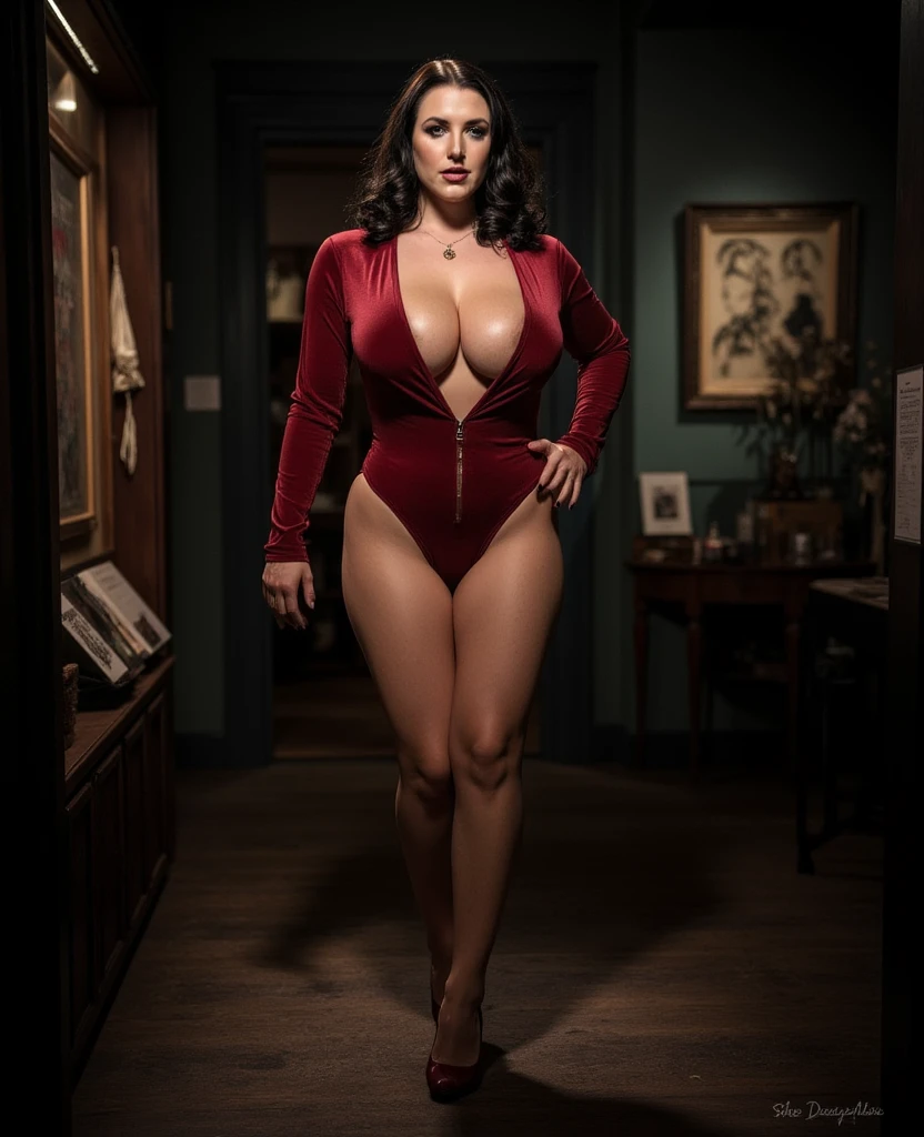 (((1girl))) DisneyAurora, 27 years old, full body view Beautiful woman (((long wavy brown hair, two side up with bangs))) defined body, voluptuous, , Red lipstick, smiling, standing facing camera, ((( short sleeve, red silk leotard with black lace trim and matching heels))), on a spiral staircase in an opera house with a red carpet and gold trim, (large_breasts:1.4) (curvy:1.1)(chubby:0.9)