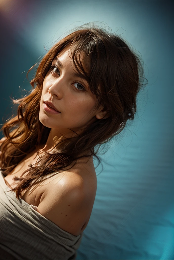 A pretty 17 year old girl with long hair with wavy bangs with a cute and pretty face on a beach