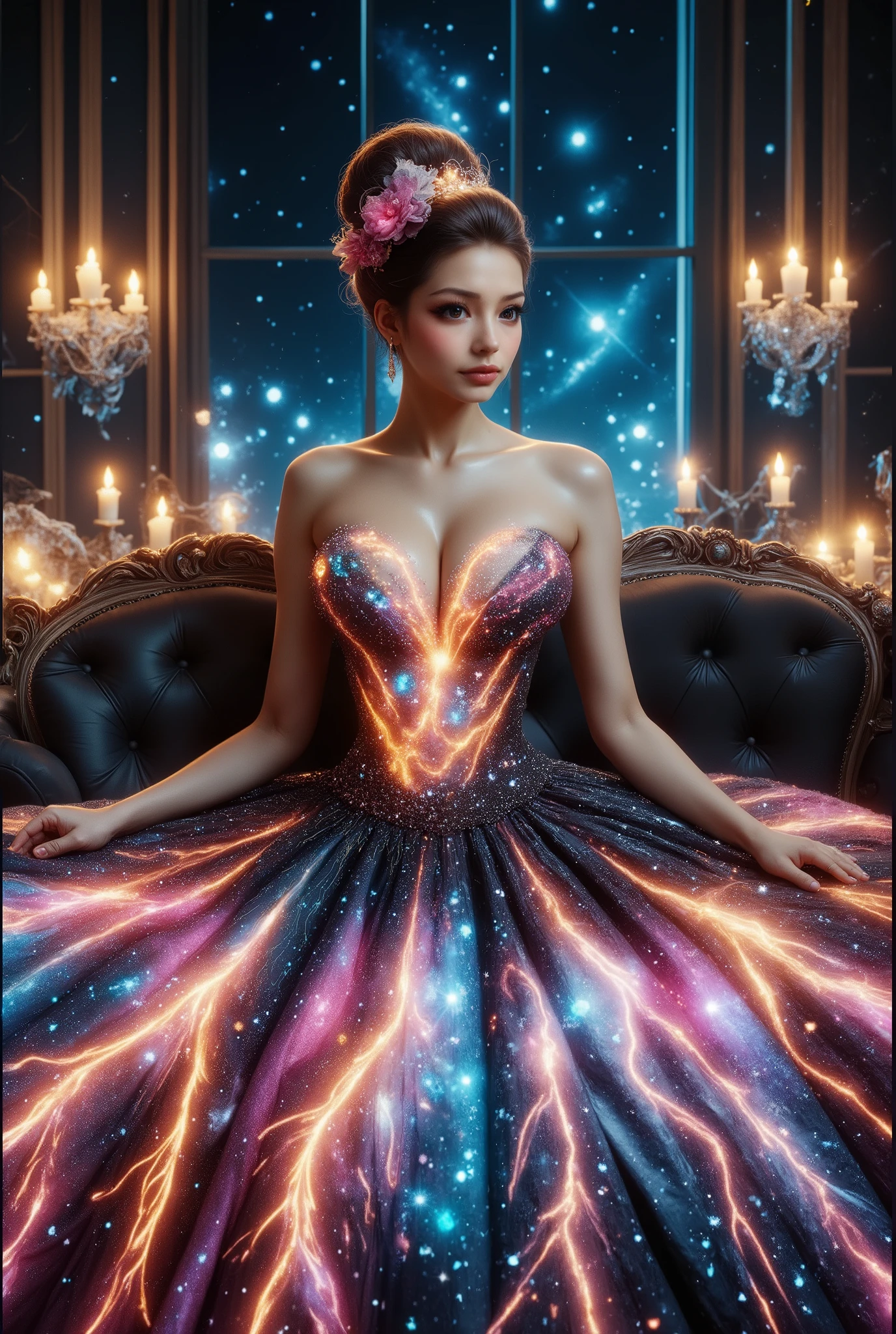 A high-resolution, detailed 3D rendering style. A young woman with big bobs, douyin-style makeup, adorned in a lavish gown, strapless dress, is seated against the backdrop of an elegant, tufted sofa. Her gown is striking, with a shimmering bodice adorned with silver trim leading to a voluminous skirt. The skirt features a stunning celestial design, reminiscent of the night sky, peppered with luminous stars and swirling patterns of light—a palette dominated by deep blue hues and warm golden yellow accents. Her hair is elegantly styled and she wears a shimmering tiara, completing her regal look. The atmosphere is one of fantasy and enchantment, enhanced by the ornate decorations surrounding her and the light silhouette of the cosmic sky overhead. Rich in texture and vibrant color, the scene presents a blend of fashion ingenuity and artistic flair, enveloping the viewer in a dreamlike atmosphere. masterpiece,high r,8k,ultra-detailed,photorealistic