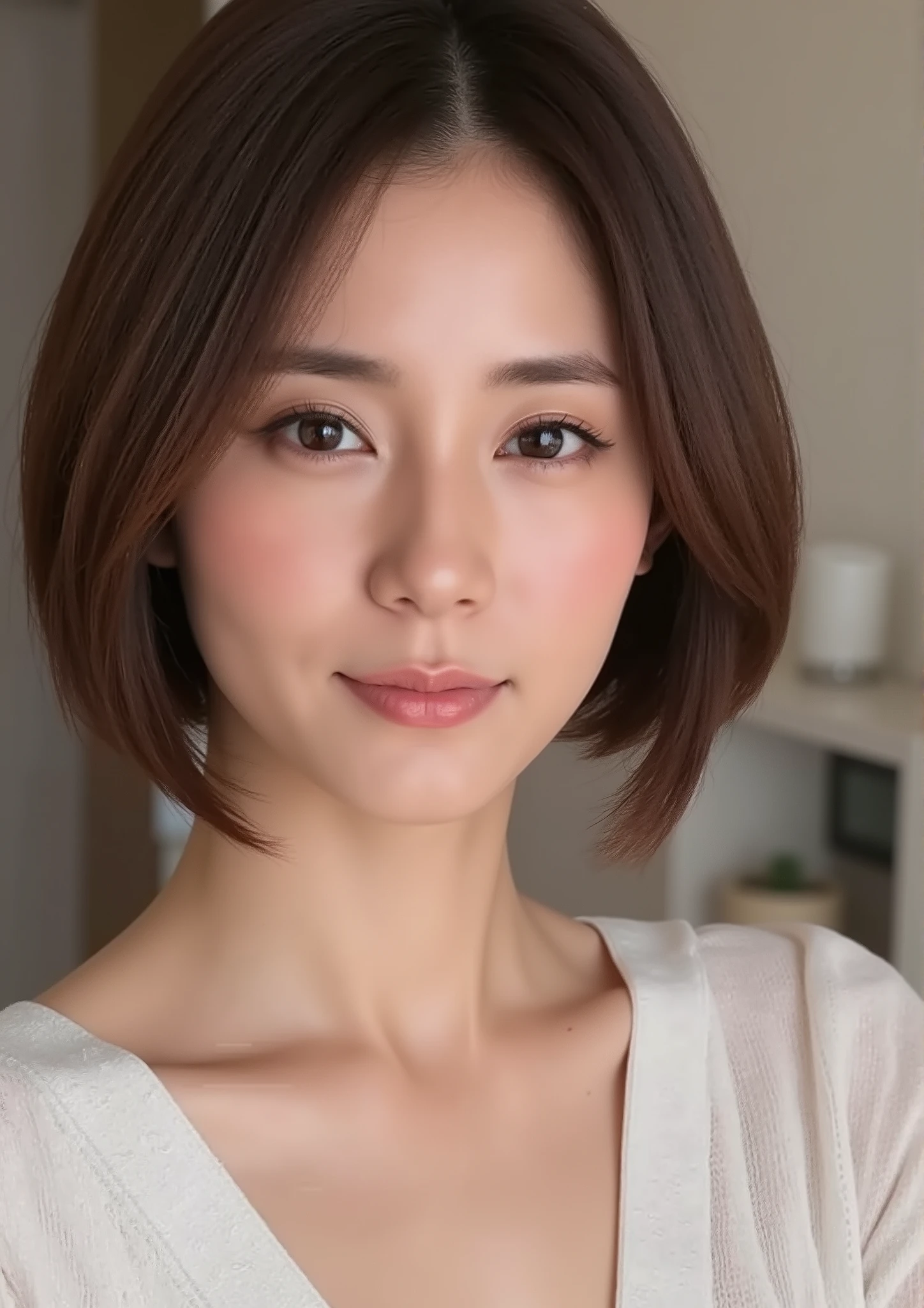 womanhood、ultra high definition。high image quality、8K quality、Photorealistic、Clear in Every Detail、degree of perfection like a magazine or movie、model body type、beautiful、BIG BREASTS、tight waist、big butt、sexy cosplay costume、Colourful dark color、Smile、Gravure Poses、 accurate human anatomy,detailed muscle and bone structure, realistic skin texture, soft natural lighting, ultra high resolution, 8K, photorealistic, no distortion, fluorescent light,very short hair