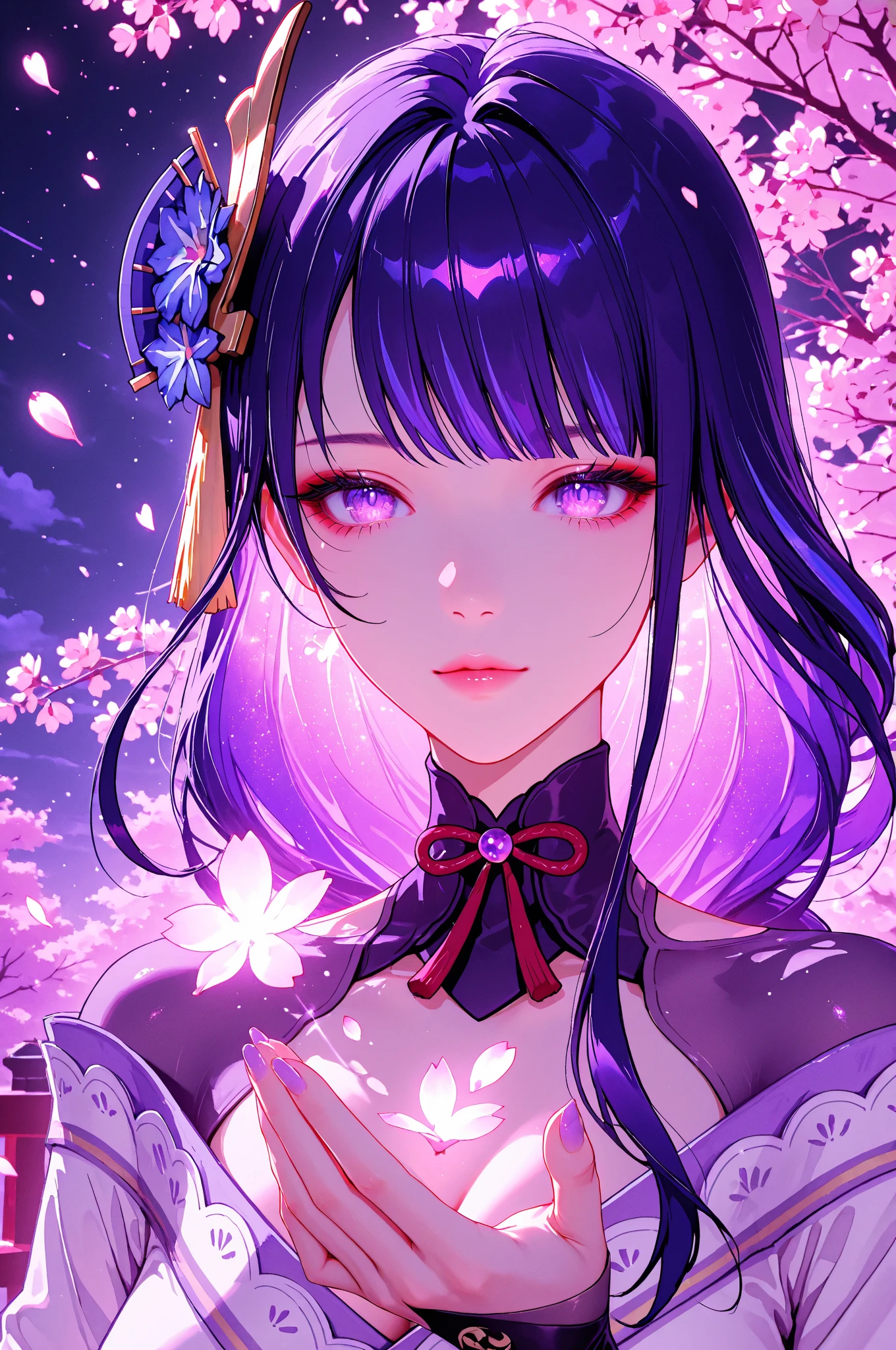 ((whole body:1.4))Japanese Temples, (highest quality，Realistic,masterpiece:1.2，8k wallpaper:1.2)，((Pale skin))，One girl，Solo Female，((Genshin Impact_Impact，General Raiden))，Lightning particles，Purple Lightning，Light background，Cherry tree，Purple Theme，Delicate  features， and beautiful anime girls，General Raiden，Long purple hair，Rosy lips，Anime Mouth，Keep your mouth shut，(Very sad face)，Fine grain，Big body type，
