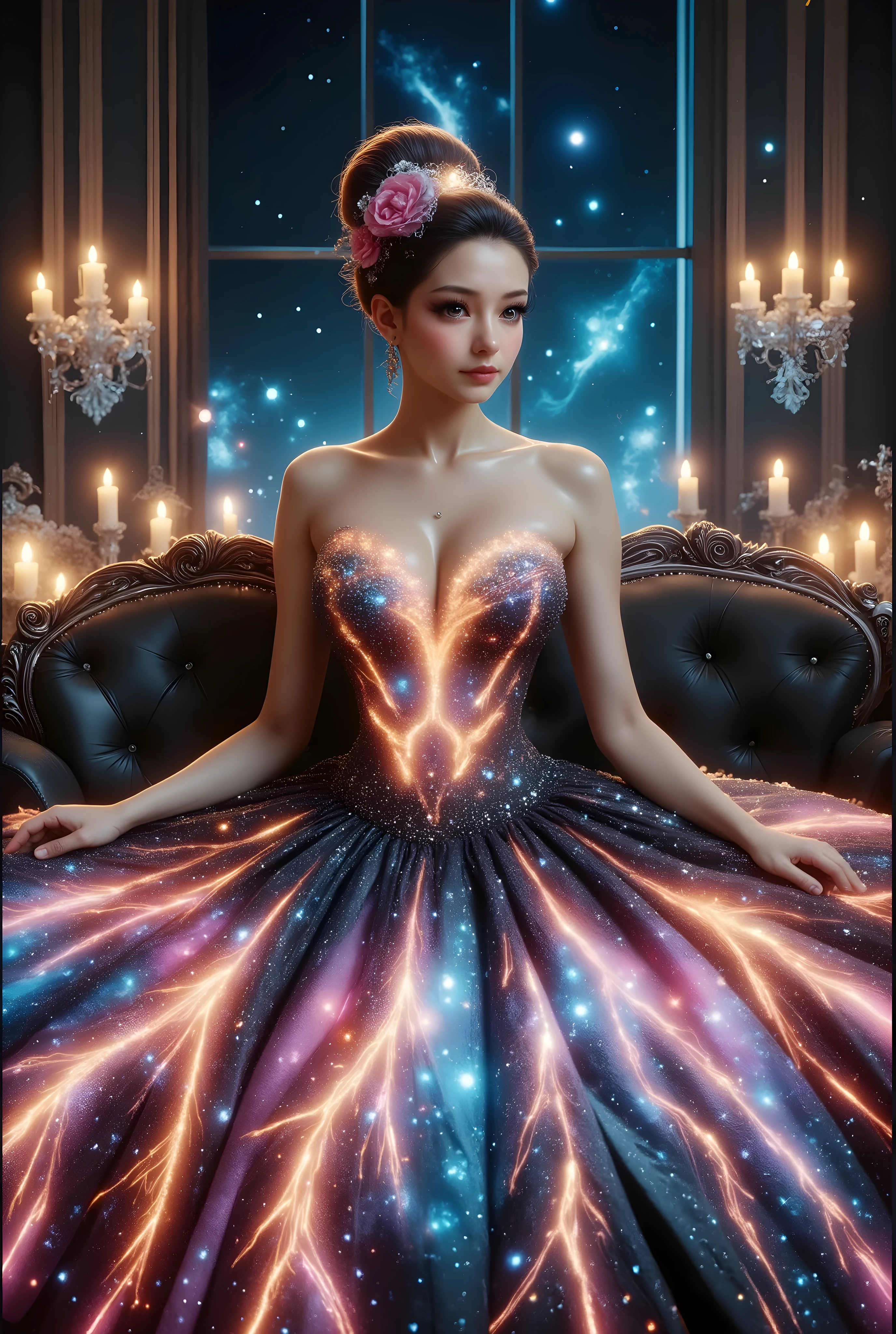 A high-resolution, detailed 3D rendering style. A young woman with big bobs, douyin-style makeup, adorned in a lavish gown, strapless dress, is seated against the backdrop of an elegant, tufted sofa. Her gown is striking, with a shimmering bodice adorned with silver trim leading to a voluminous skirt. The skirt features a stunning celestial design, reminiscent of the night sky, peppered with luminous stars and swirling patterns of light—a palette dominated by deep blue hues and warm golden yellow accents. Her hair is elegantly styled and she wears a shimmering tiara, completing her regal look. The atmosphere is one of fantasy and enchantment, enhanced by the ornate decorations surrounding her and the light silhouette of the cosmic sky overhead. Rich in texture and vibrant color, the scene presents a blend of fashion ingenuity and artistic flair, enveloping the viewer in a dreamlike atmosphere. masterpiece,high r,8k,ultra-detailed,photorealistic