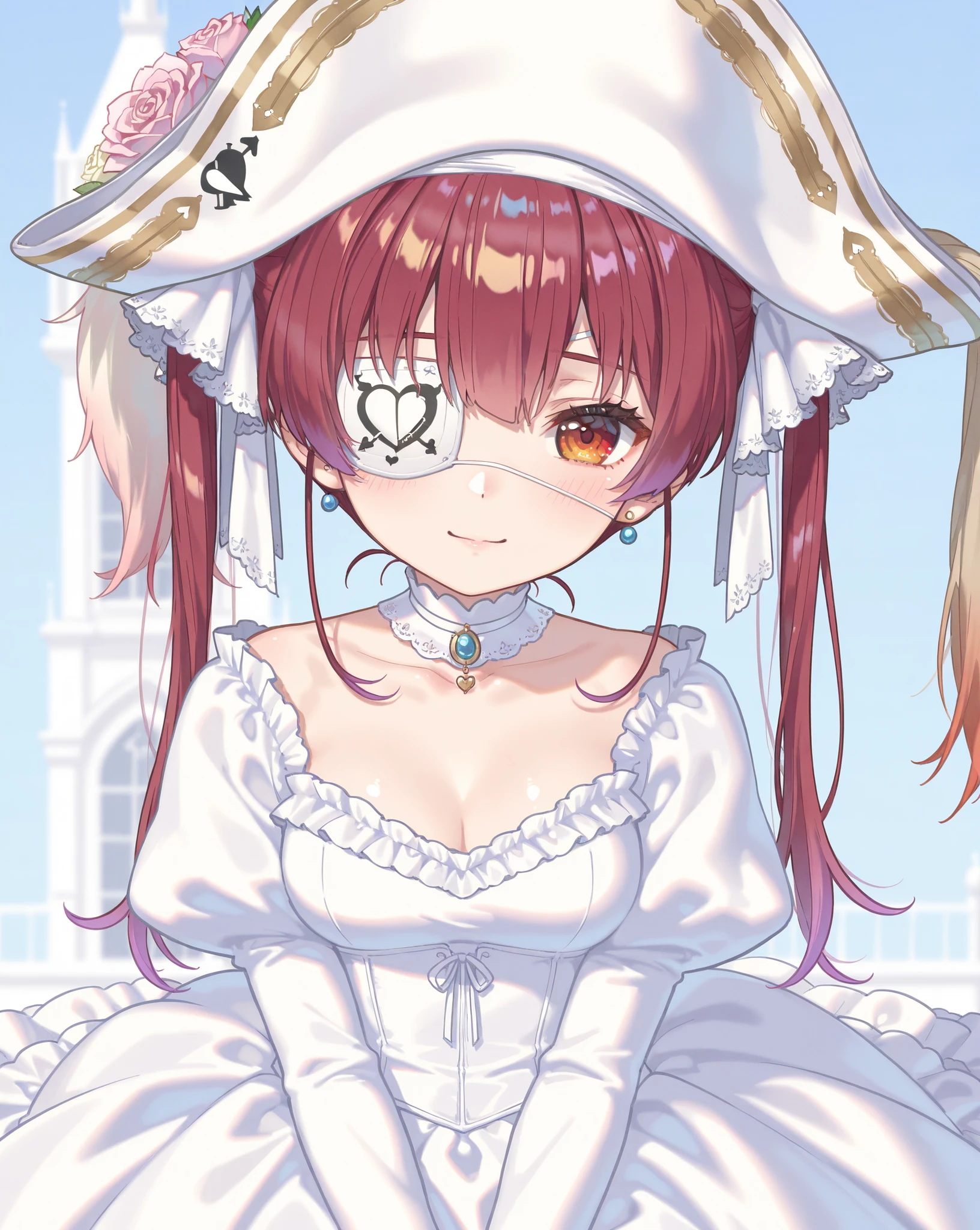 front viewer, 8k, ((watercolor style:1.2)), ((pastel colors, soft colors)), (masterpiece), close-up upper body, hyper detailed, best quality, houshou marine, small lolita, Victorian wedding dress, shiny skin, several lolitas, background white church, sitting, ((big white pirate hat)), white eye patch,
