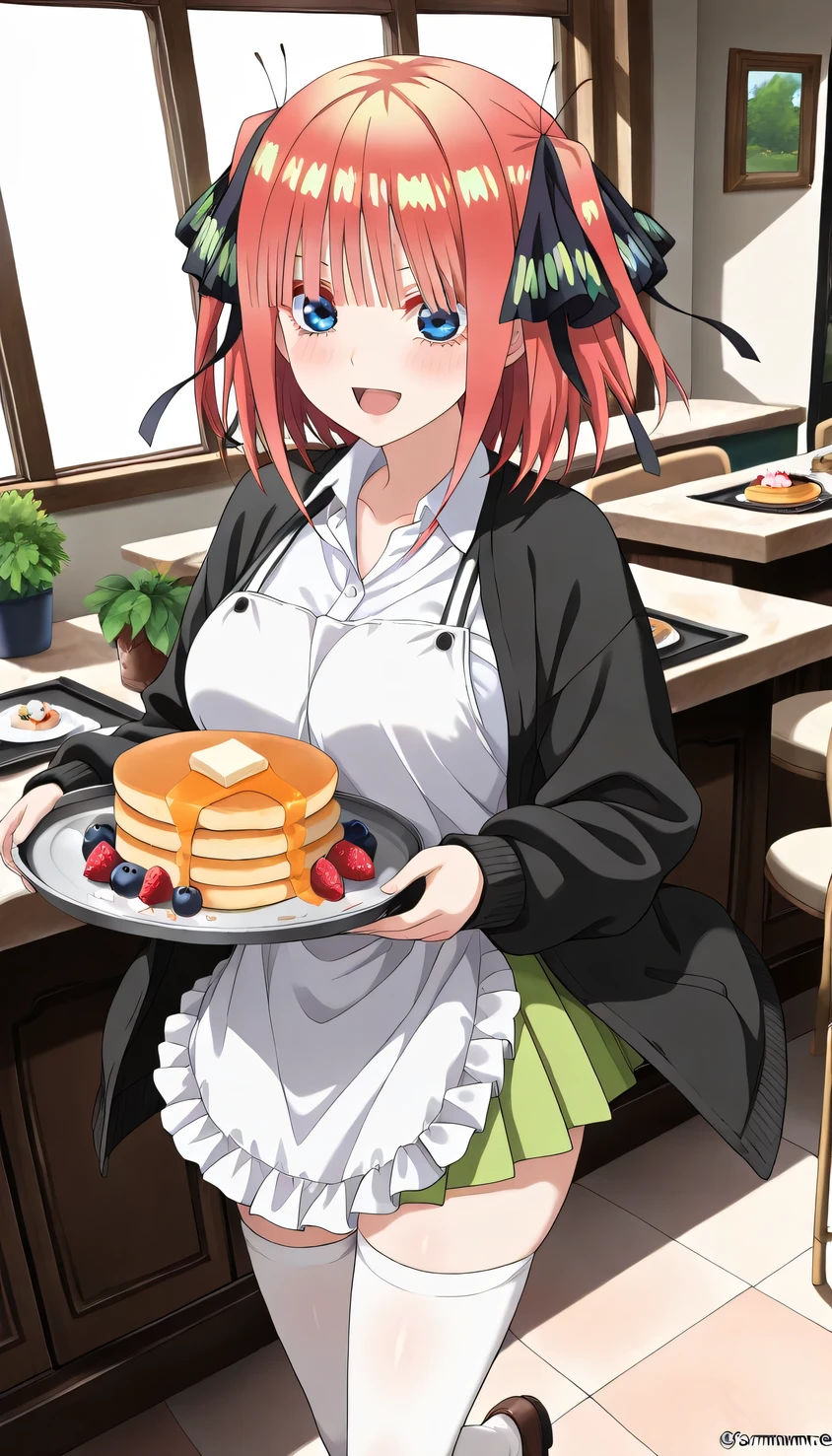 {{{masterpiece}}}, (best quality:1.5), (ultra-detailed:1.5), {illustration}, {{an extremely delicate and beautiful}}, (beautiful detailed eyes:1.6), absurdres, highres, extremely detailed face, 16k, hd, visual anime de uma jovem mulher, extremamente bonito rosto de anime, anime melhor garota, (perfect hands, perfect anatomy), anime face, Nino Nakano(Gotoubun no Hanayome), nino nakano, 1girl, solo, cute face, short hair, pink hair, hair ornament, hair ribbon, two side up, butterfly hair ornament, blunt bangs, sidelocks, blue eyes, large breasts, big hips, curvaceous, BREAK, {school uniform}, (black cardigan:1.3), long sleeves, sleeves past wrists, (open cardigan:1.2), white shirt, collared shirt, (untucked shirt:1.3), (baggy shirt:1.4), micro skirt, pleated skirt, green skirt, (white thighhighs:1.2), brown loafers, thighs, zettai ryouiki, BREAK, standing, open mouth, flushed cheeks, sorriso alegre, smiling, visual anime de uma jovem mulher, extremamente bonito rosto de anime, anime melhor garota, indoor, daytime, cafe, waitress, (white apron:1.3), latex apron, carrying pancake on tray, pancake, raspberry, strawberry, fork, fluttering skirt