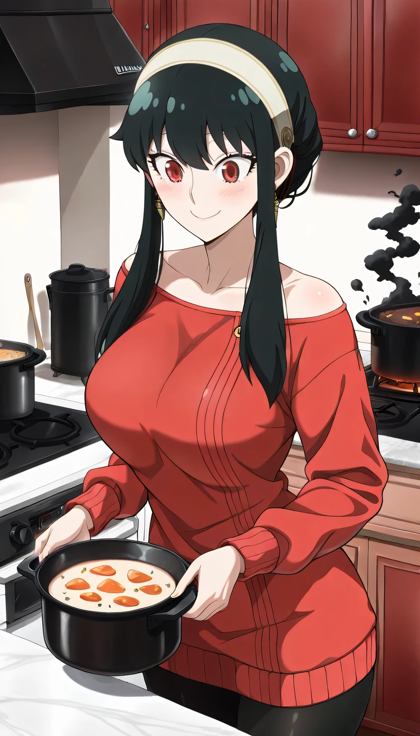 {{{masterpiece}}}, (best quality:1.5), (ultra-detailed:1.5), {illustration}, {{an extremely delicate and beautiful}}, (beautiful detailed eyes:1.6), absurdres, highres, extremely detailed face, 16k, hd, visual anime de uma jovem mulher, extremamente bonito rosto de anime, anime melhor garota, (perfect hands, perfect anatomy), (five fingers:1.1), anime face, Yor Forger(Spy x Family), yor briar, yorfor, 1girl, solo, cute face, black hair, short hair with long locks, sidelocks, asymmetrical bangs, (red eyes:1.4), narrow chin, large breasts, big hips, curvaceous, BREAK, white hairband, gold earrings, off shoulder, clavicle, red sweater, tight sweater, long sleeves, black pantyhose, BREAK, cowboy shot, smiling, cook, food on pot, holding a cooking pot with both hands, (black smoke from the pot:1.2), indoor, kitchen,oven, stove, refrigerator, cabinet, table, in a kitchen standing