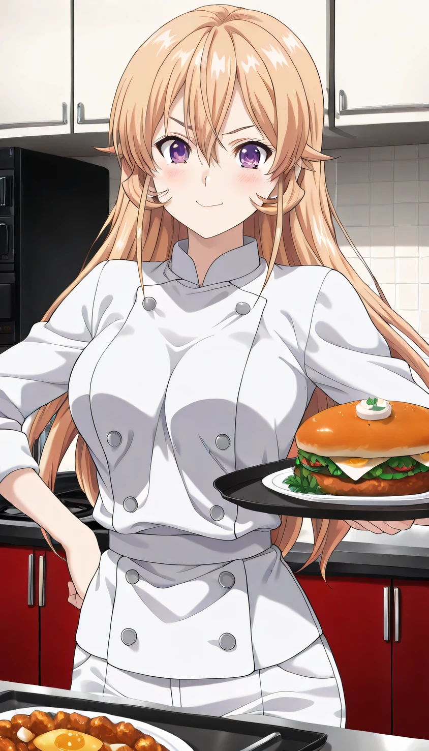 {{{masterpiece}}}, (best quality:1.5), (ultra-detailed:1.5), {illustration}, {{an extremely delicate and beautiful}}, (beautiful detailed eyes:1.6), absurdres, highres, extremely detailed face, 16k, hd, visual anime de uma jovem mulher, extremamente bonito rosto de anime, anime melhor garota, (perfect hands, perfect anatomy), (five fingers:1.1), anime face, Erina Nakiri(Food Wars!), anime coloring, nakiri_erina_ilxl, 1girl, solo, cute face, long hair, blonde hair, hair between eyes, sidelocks, (purple eyes:1.2), medium breasts, big hips, curvaceous, BREAK, chef, white shirt, double-breasted, long sleeves, tuck out shirt, white pants, BREAK, indoors, kitchen, standing, flushed cheeks, confident face, hands on own hips, visual anime de uma jovem mulher, extremamente bonito rosto de anime, anime melhor garota, waiter, carrying food on tray, western food, dancing, cooking, (upper body:1.2)