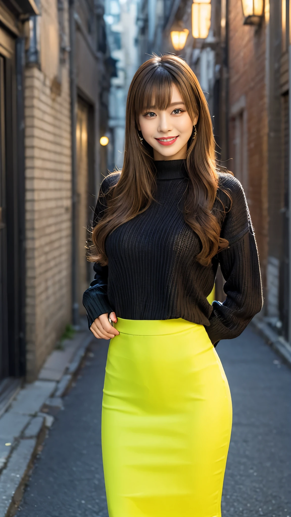 long_lpskirt,(Portrait),(masterpiece, Highest Quality , Ultra High Accuracy),realistic,highly detailed CG,straight long hair with bangs,Eye makeup to lengthen eyelashes,((fitted black sweater)),((fluorescent yellow long skirt)),Beautiful Hip Line,Smile Yan,(Alley in the dark night)